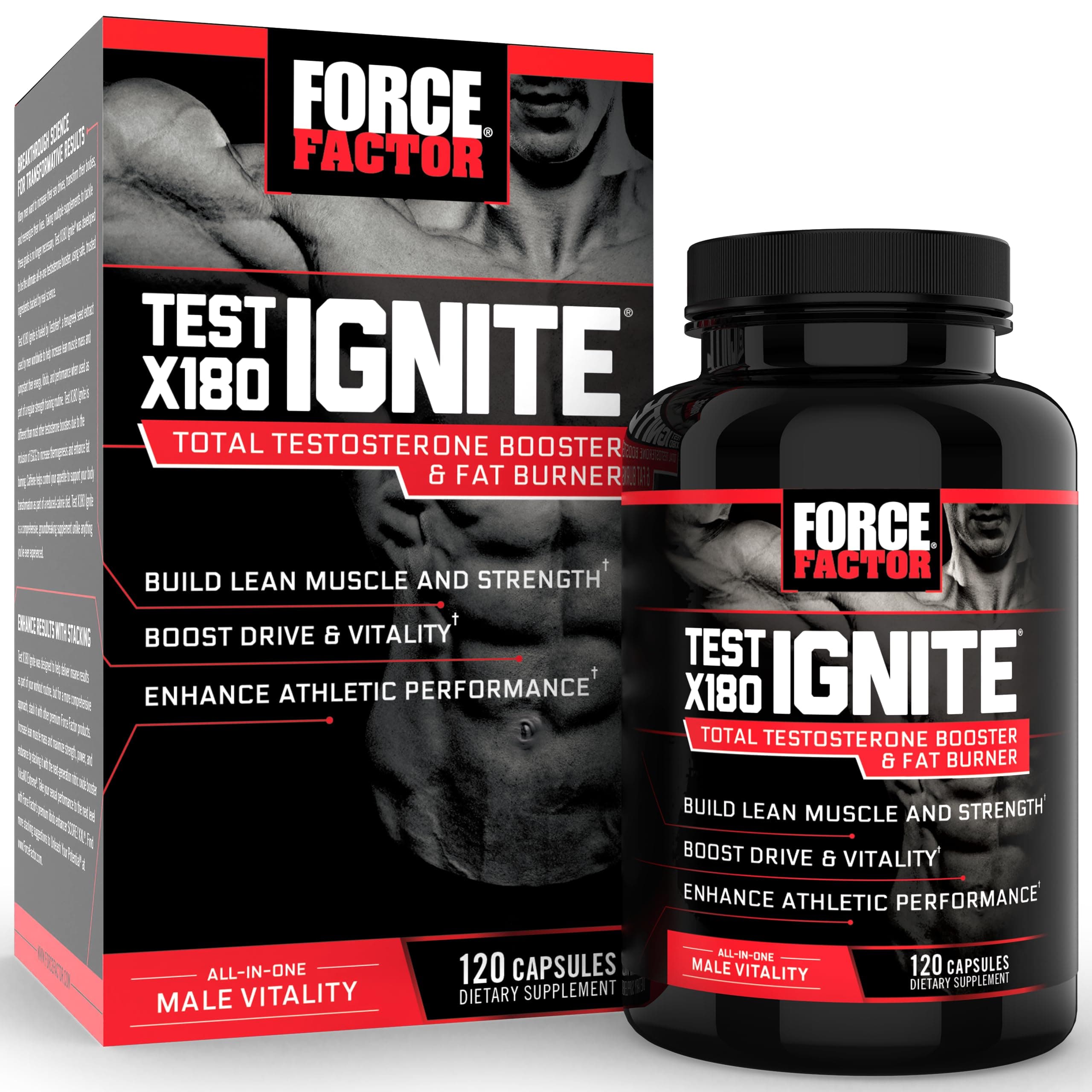 Test X180 Ignite Total Testosterone Booster for Men with Fenugreek Seed and Green Tea Extract to Build Lean Muscle, Boost Energy, and Improve Performance, 120 Count