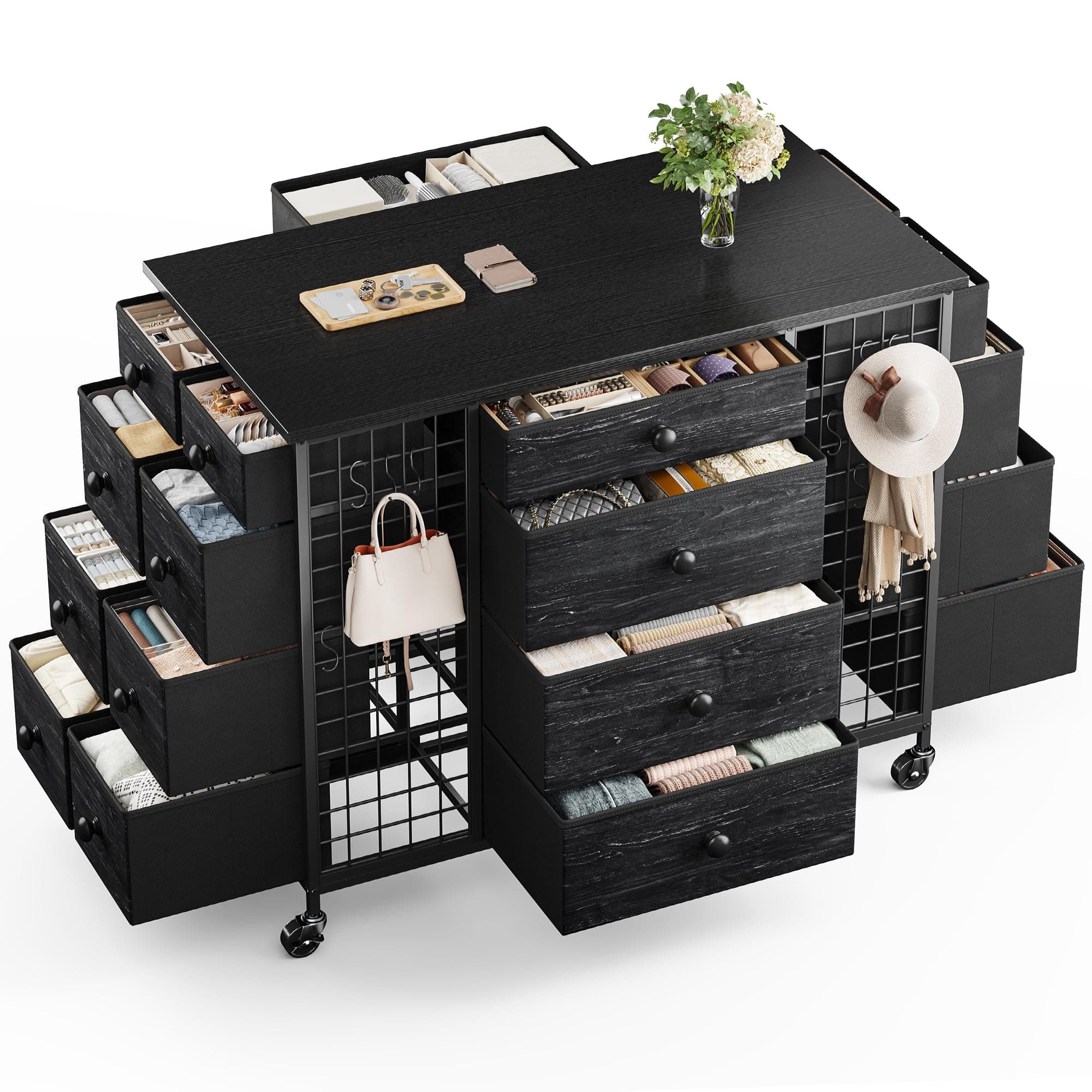 EnHomee 24 Drawers Black Dresser for Bedroom, Dressers & Chests of Drawers with 4 Wheels and 40“ * 23” Wide Wooden Top, Metal Frame, Organizer Island with Hooks for Bedroom, Cloakroom, Dressing Room