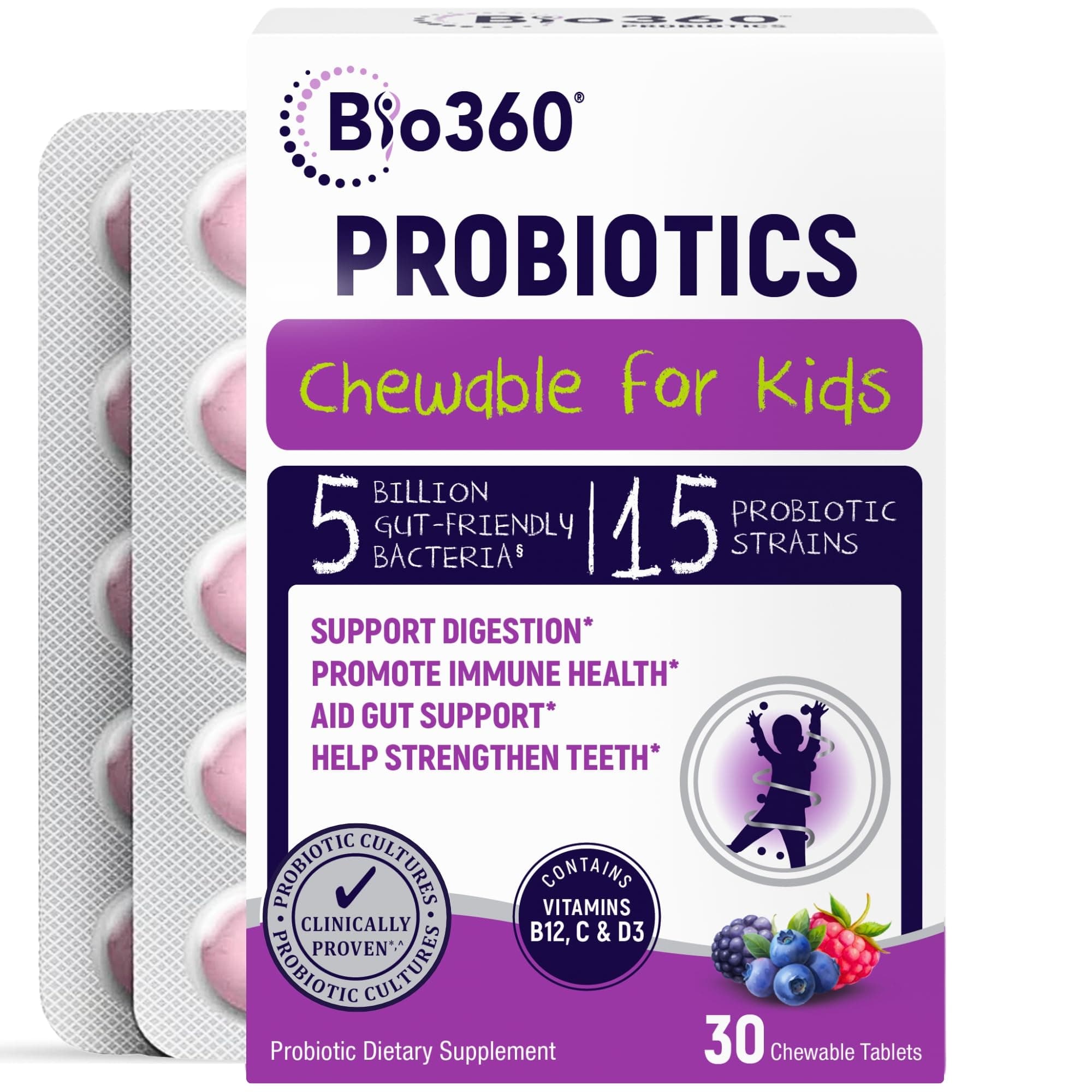 Bio360 Kids Probiotic Supplement, Daily Support for Kid's Gut, Immune, Brain & Whole Body Health, 15 Strains 5 Billion CFU, Organic Prebiotic Apple Fiber, 30 Chewable Mixed Berry Flavor