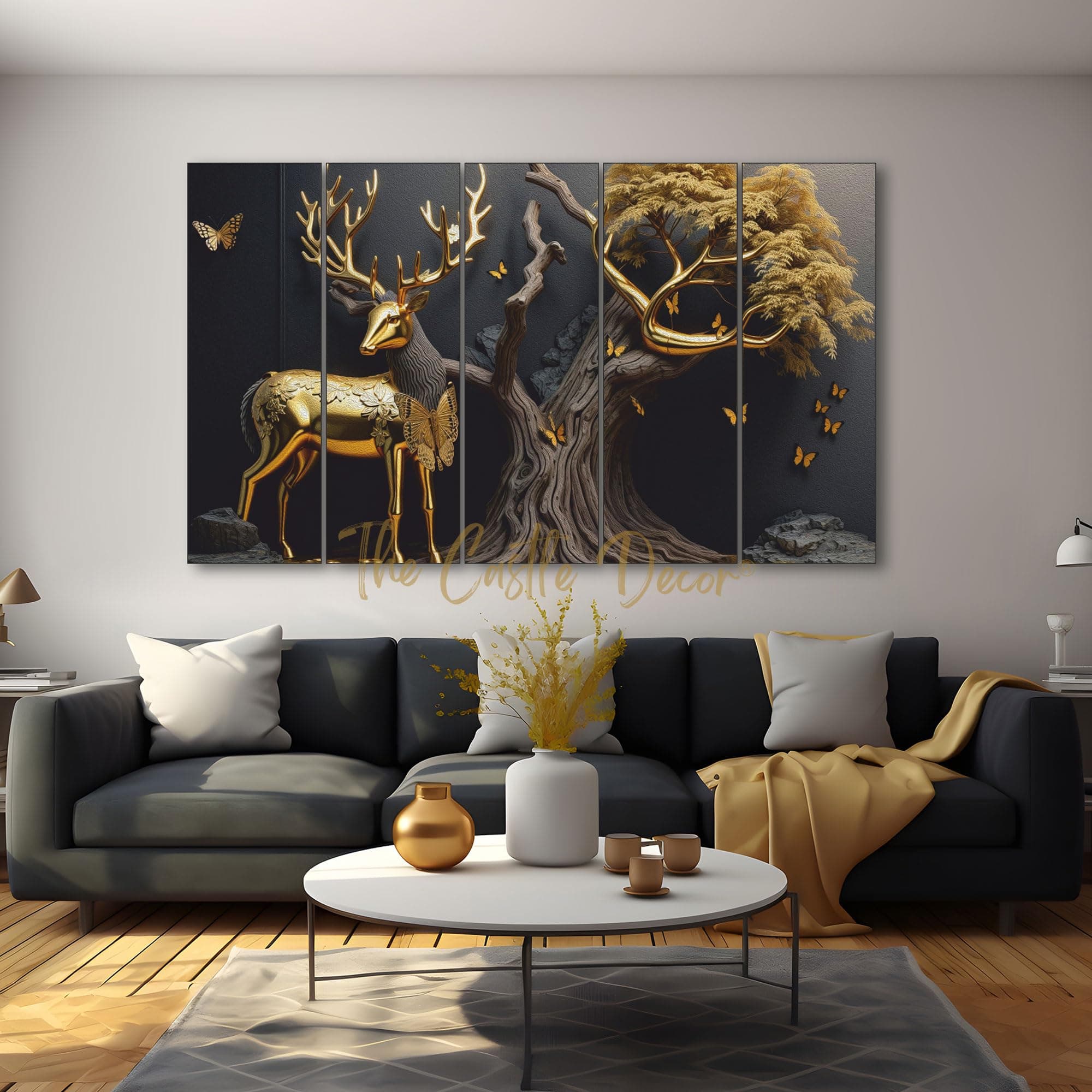 - The Castle Decor Golden Deer Wall Painting for Living Room Big Size - Deer Wall Painting for Bedroom, Office, Drawing Room, Hotel - Elegant Wall Decor Art for Home Decoration, Gifting (27x48 inch)