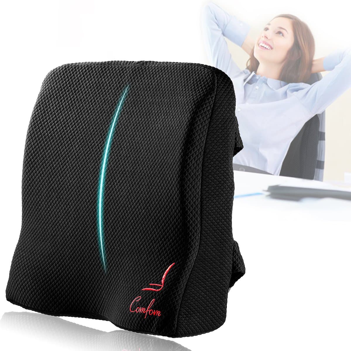 Comfom Lumbar Support Pillow for Office Chair & Car Seat - Wide Soft Home Comfort Memory Foam Cushion with Straps & Washable Cover - Lower Back Pain Relief Ergonomic Orthopedic Design (Black)