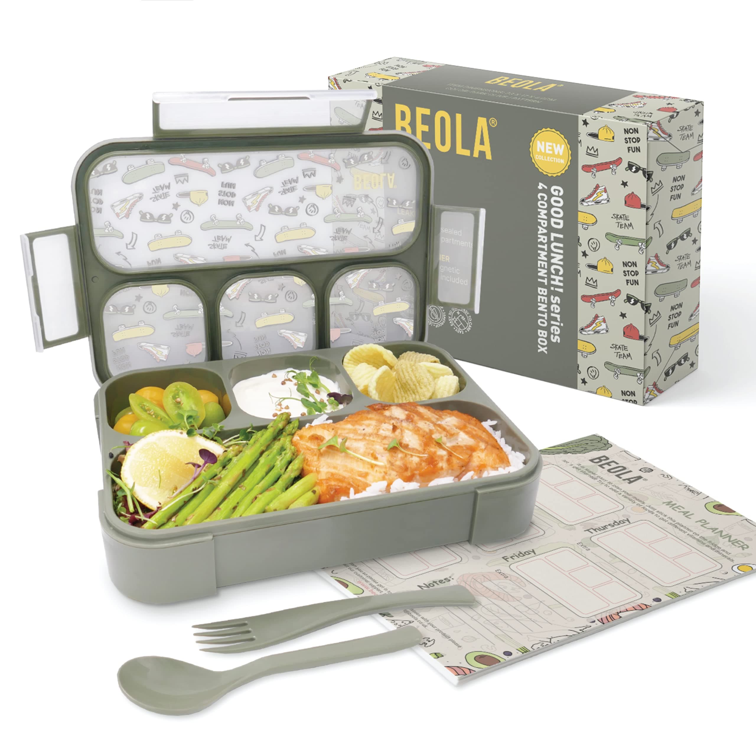 BEOLA Lunch Box for Kids Adults, Multi Compartment Lunch Bento with Magnetic Meal Planner, 3 or 4 Compartment Snack Box, BPA free, with Cutlery Set, (Dark Olive / Pattern) Lunch boxes & kids bottles