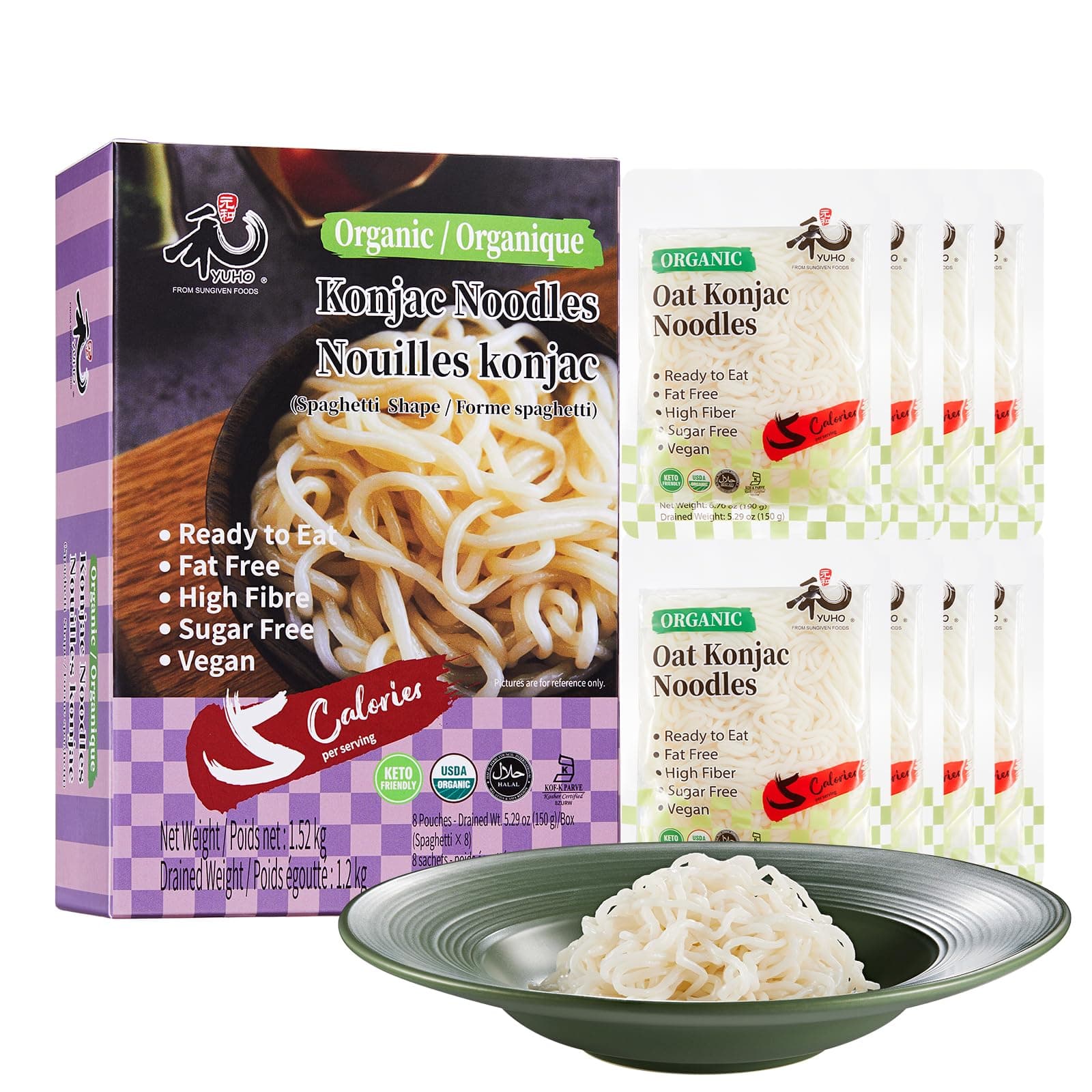 YUHO Organic Shirataki Konjac Pasta 8 Pack Inside, Vegan, Low Calorie Food, Fat Free, Keto Friendly, Zero Carbs, Holiday Gifts, Healthy Diet Pasta 53.61 oz