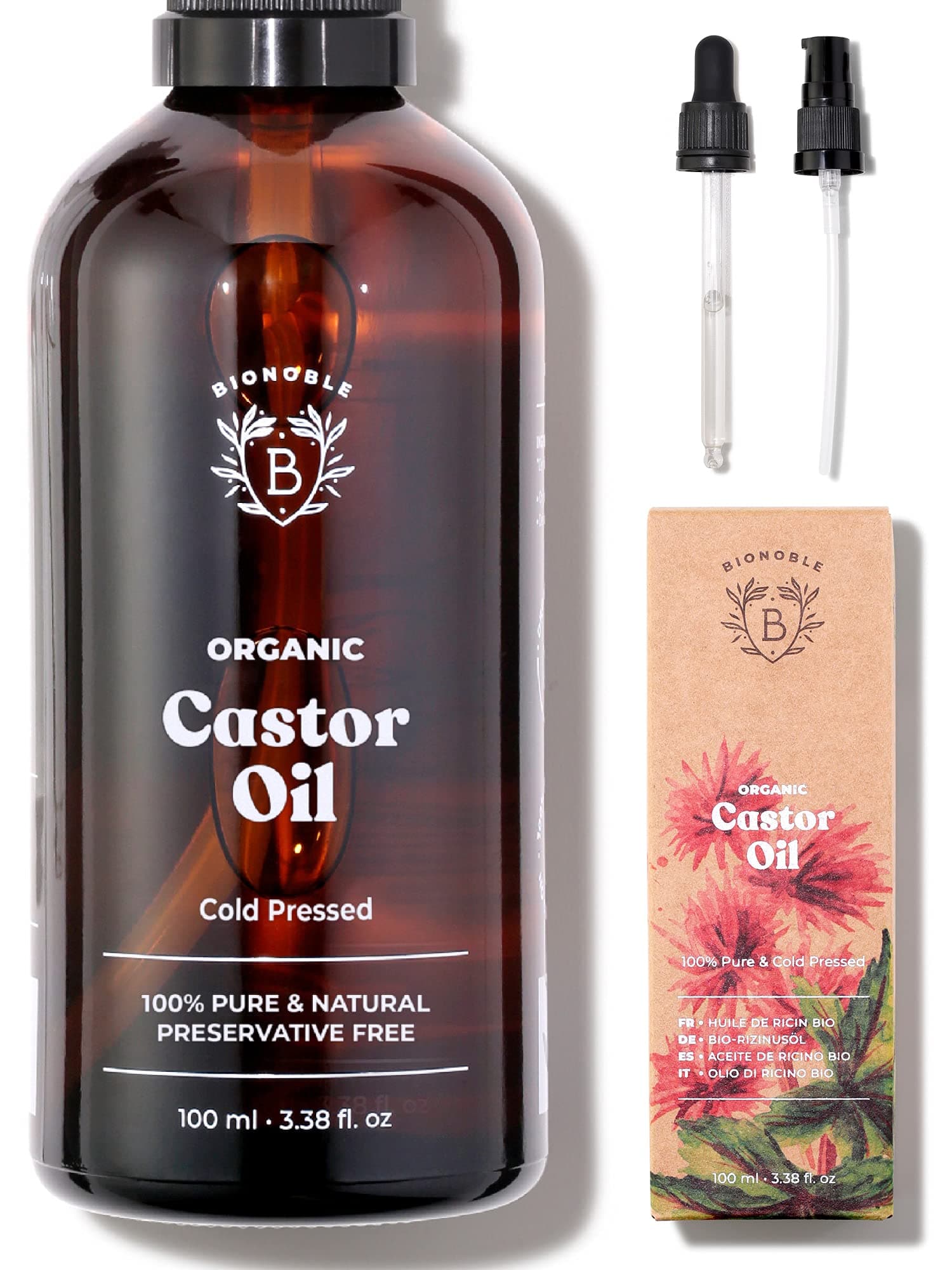 Bionoble Castor Oil Organic 100 ml - 100% Pure, Natural and Cold Pressed - Eyelashes, Eyebrows, Hair, Beard, Nails - Vegan and Cruelty Free - Castor Oil - Glass Bottle + Pipette + Pump