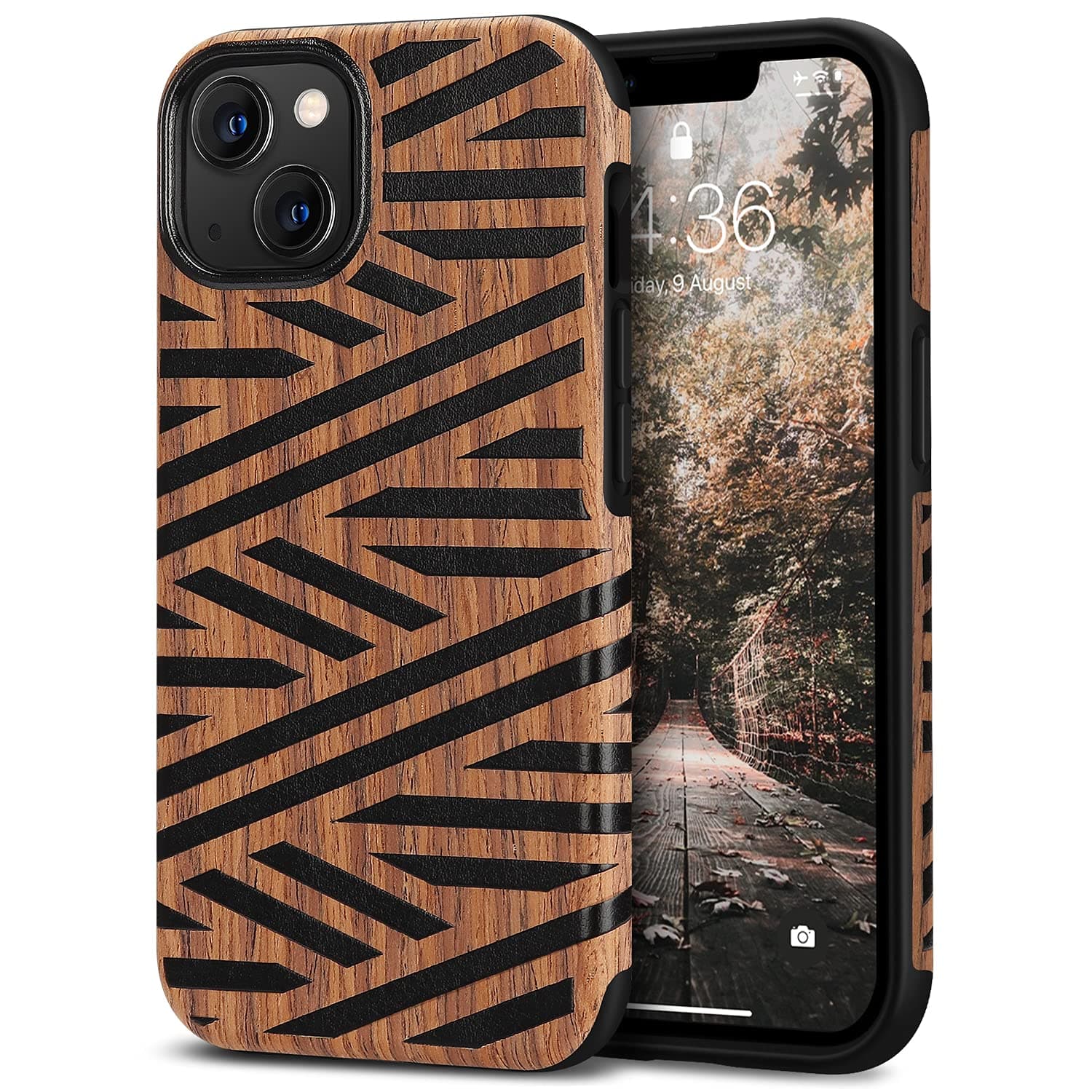 Case Compatible with iPhone 13 mini Case, Wood Grain with Leather Design Hybrid Protective Phone Case Cover Compatible for iPhone 13 mini 5.4" 2021 (Wood & Leather)