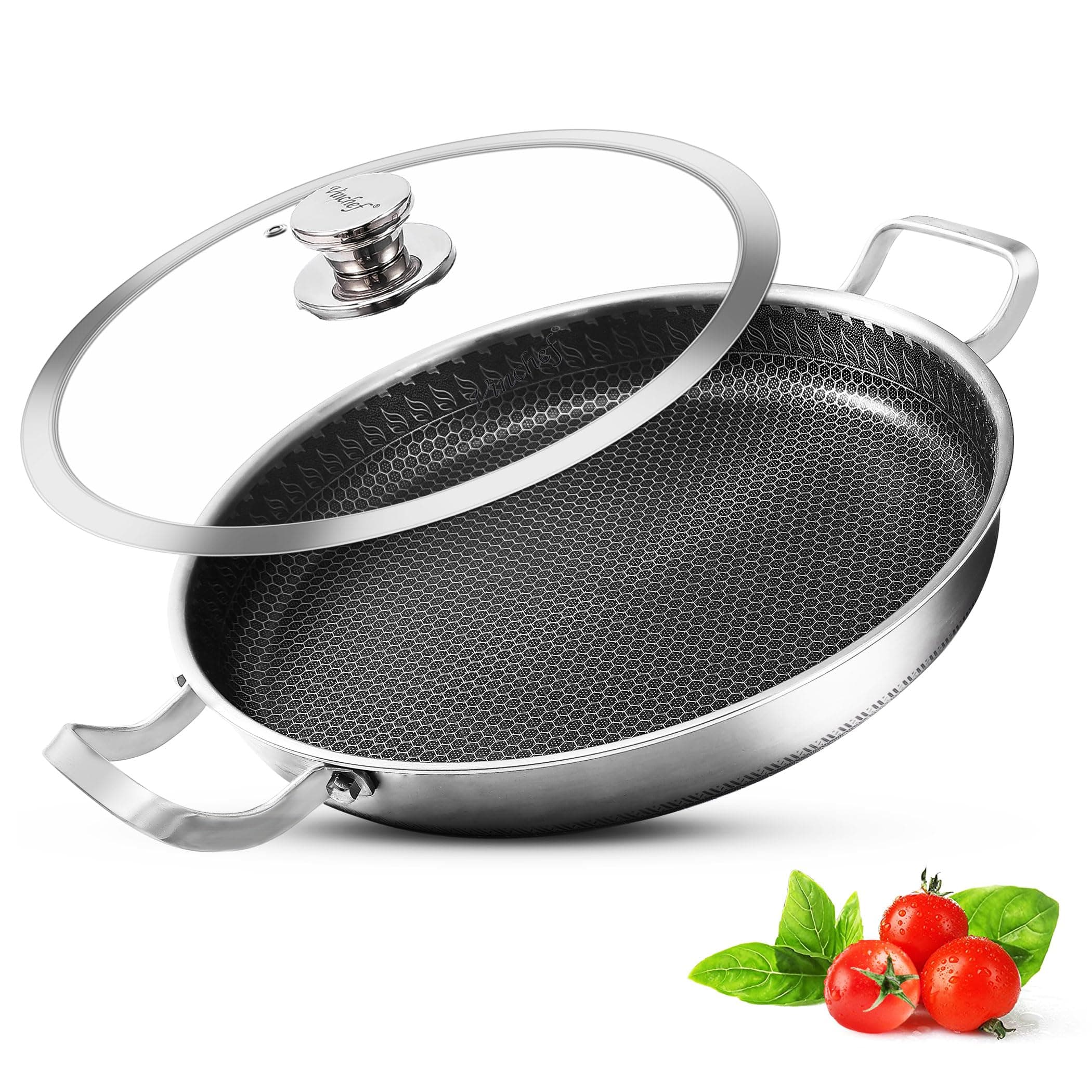 Vinchef 13 Inch Paella Pan, Stainless Steel with Lid, Honeycomb Nonstick Coating, Oven Safe, Dishwasher Safe, Induction, Gas, Electric Stove Compatible