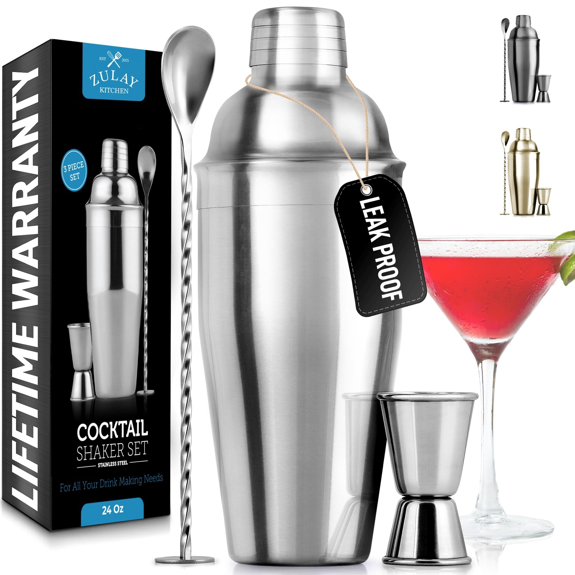 Large 24 oz Stainless Steel Cocktail Shaker Set - Mixed Drink Shaker - Martini Shaker Set With Built In Strainer, Double Sided Jigger & Combo Muddler Mixing Spoon - Pro Margarita Shaker - By Zulay