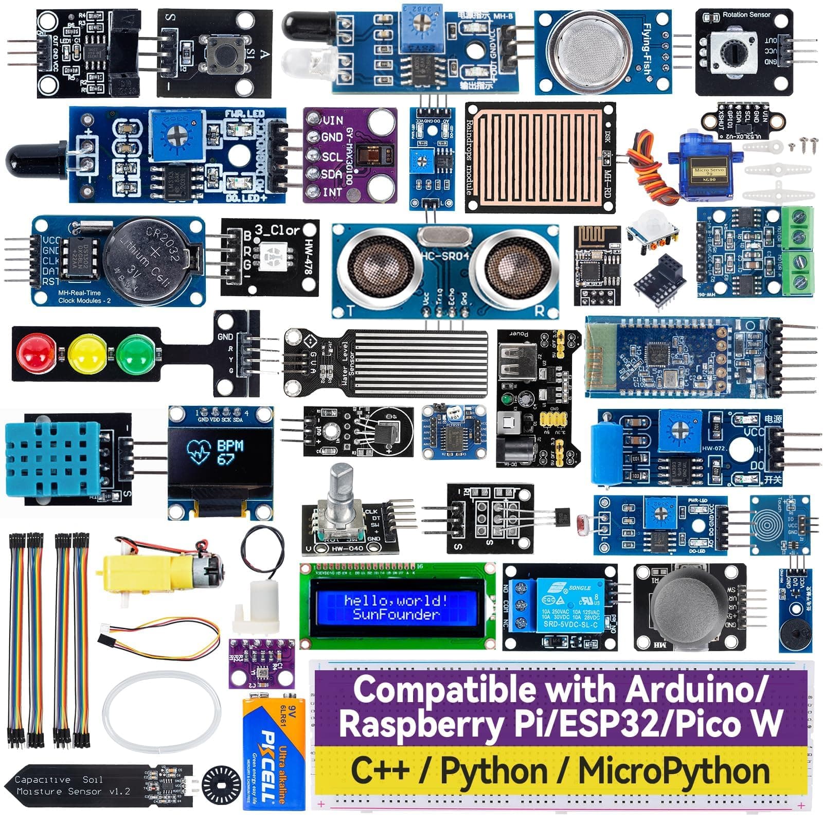 Universal Maker Sensor Kit Compatible with Arduino Mega 2560/Uno R3/R4 Minima/WiFi Nano, Raspberry Pi 5/4B/3B+/Zero 2 W/, Pico W, ESP32, C++, Python, MicroPython, Beginners & Engineers
