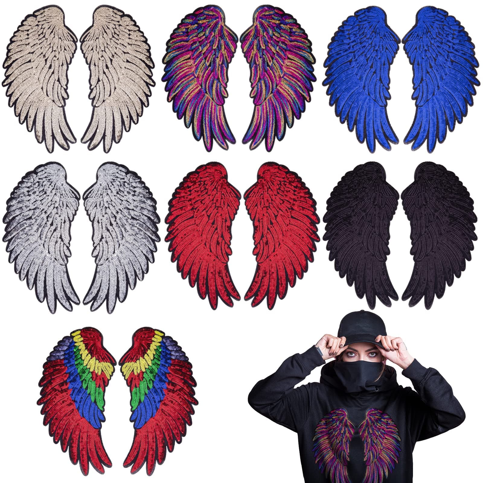 LOVEINUSA7 Pair of Wings Sequins Angel Wings Iron On Patch DIY Embroidered Applique Bling Wings for Jackets Cloth or Bag Decoration
