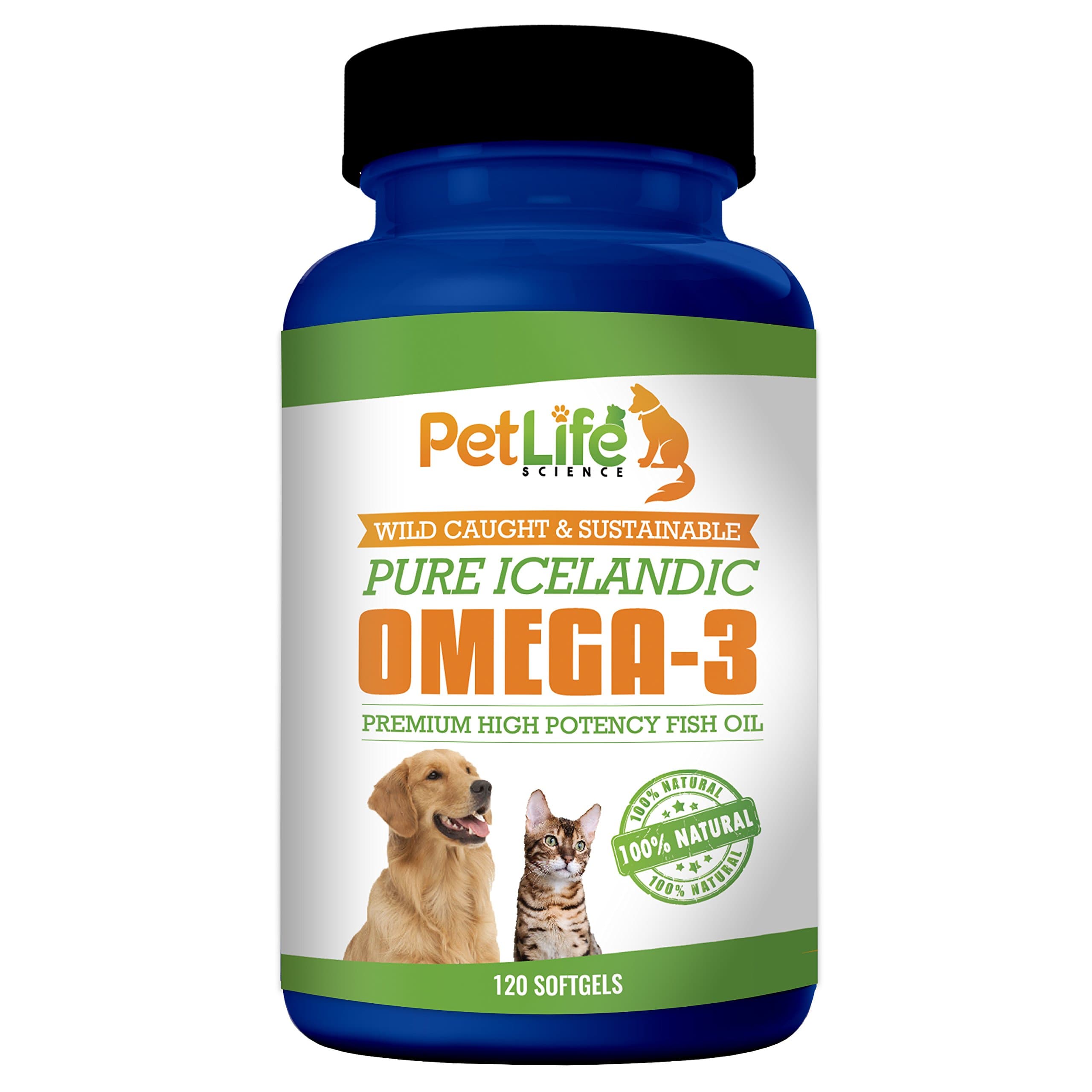 Pet Life Science Pure Icelandic Fish Oil for Dogs and Cats, 100% Natural and Wild Caught, Total Omega-3 and 6 Fatty Acids, GMO Free, 120 Soft Gels