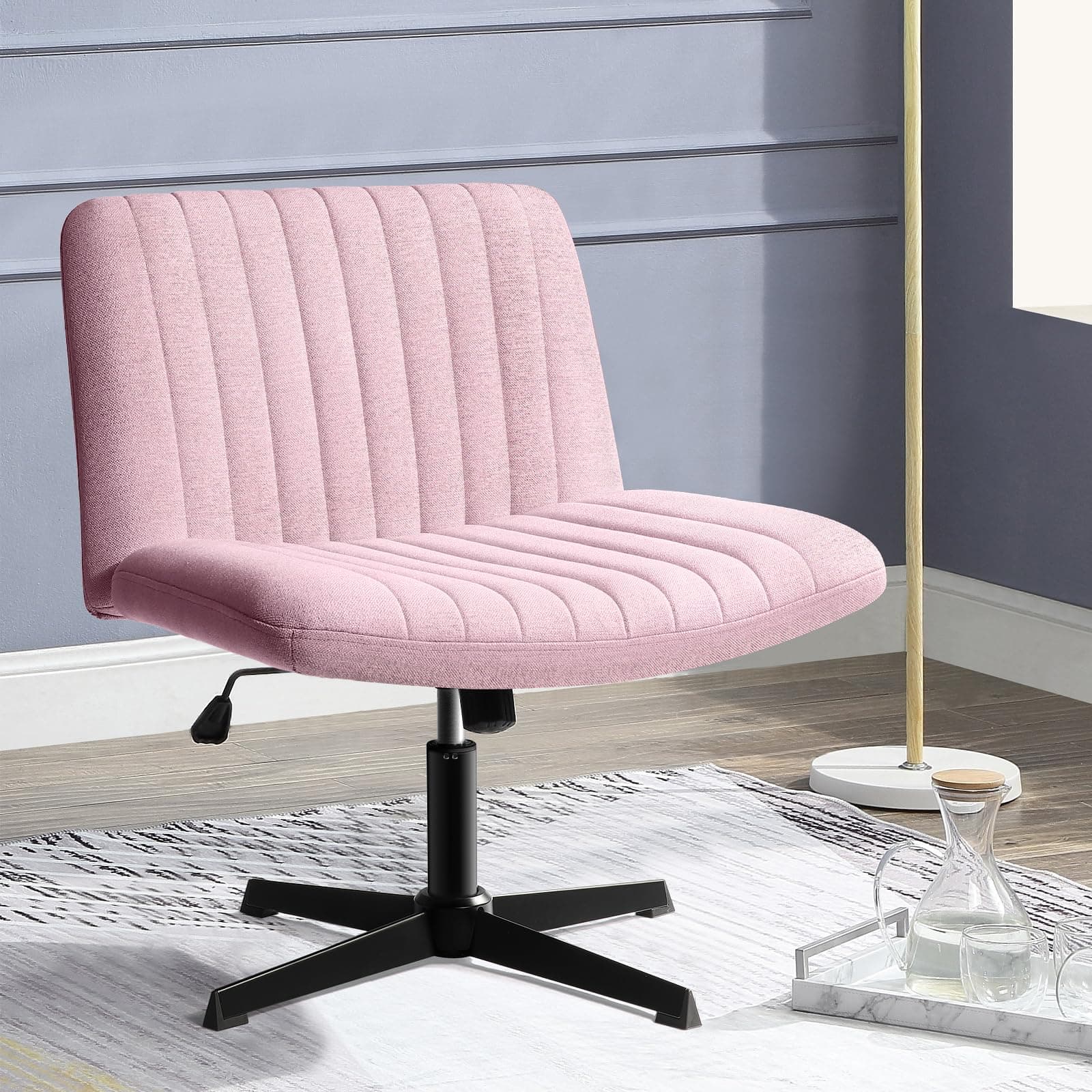 PUKAMI Criss Cross Chair,Comfy Cross Legged Office Desk Chair No Wheels,Modern Fabric Swivel Adjustable Height Mid Back Wide Seat for Home Office Computer (Pink)