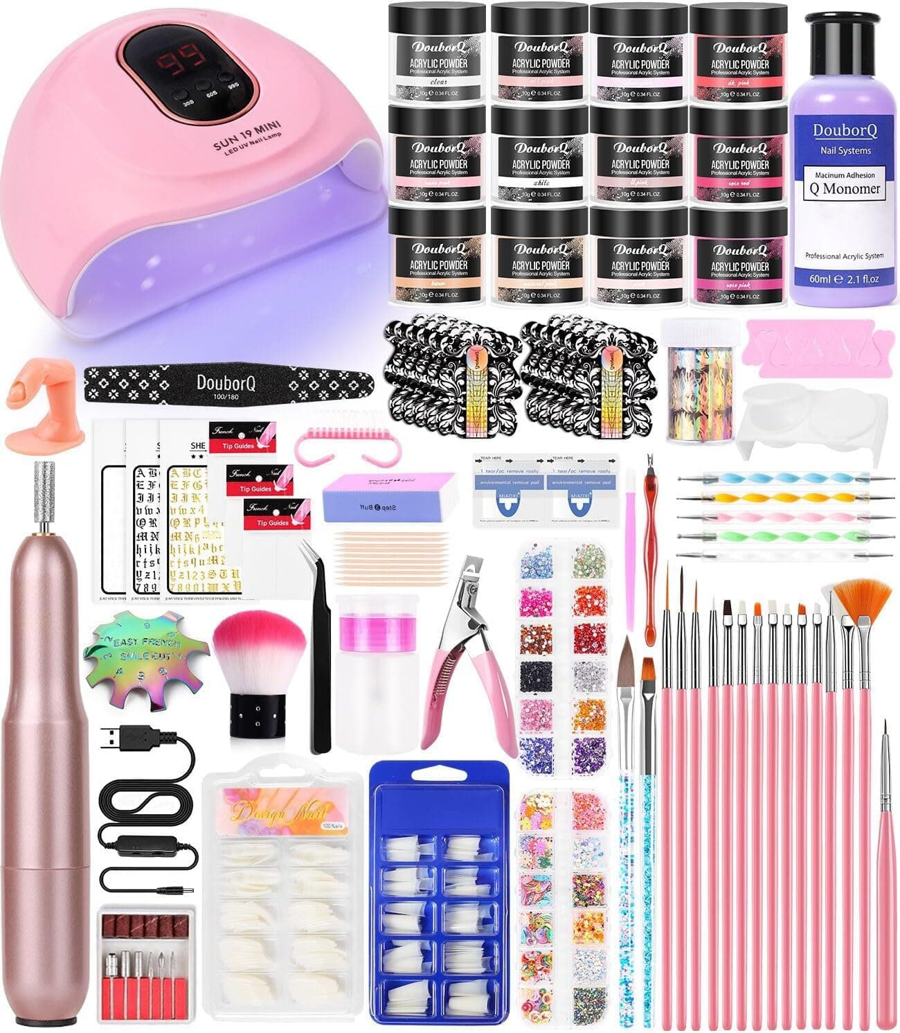 Acrylic Nail Art Kit-Nail Art Manicure Set Acrylic Powder Brush Glitter File French Tips U V Lamp Nail Art Decoration Tools Nail Drill kit for beginners with everything at home (White)