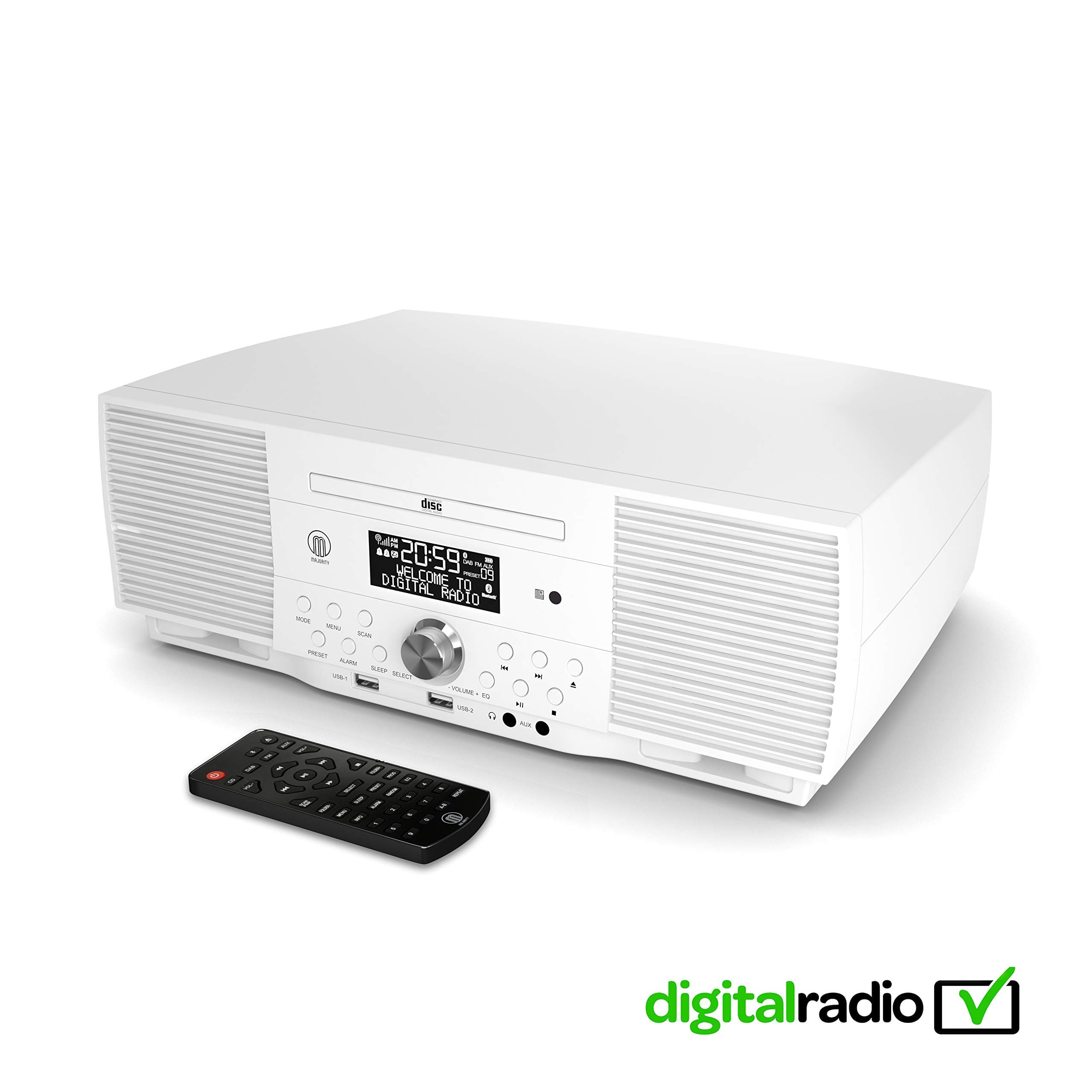 Majority Huntingdon DAB/DAB+ Digital FM Radio Hi-Fi Bluetooth Wireless CD Player Micro Compact Stereo Speaker System - Alarm Clock - Remote Control - Dual USB Charging (White)