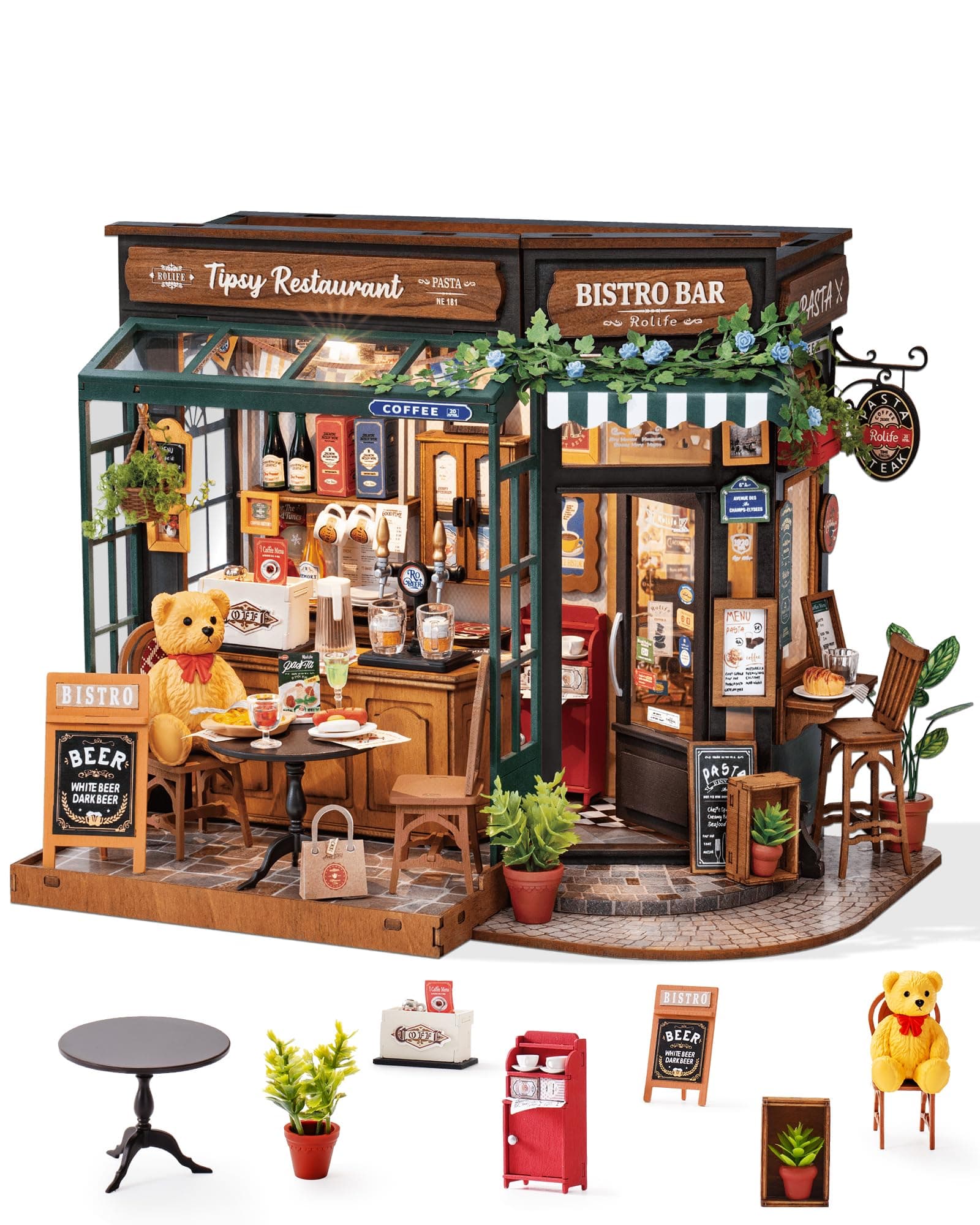 Rolife DIY Miniature House Kit for Adults, Mini Wooden Dollhouse Kit, Bakery Tiny House Diorama Building Kits-Birthday Christmas Craft Hobbies Gift for Teens Kids (Tipsy Restaurant)