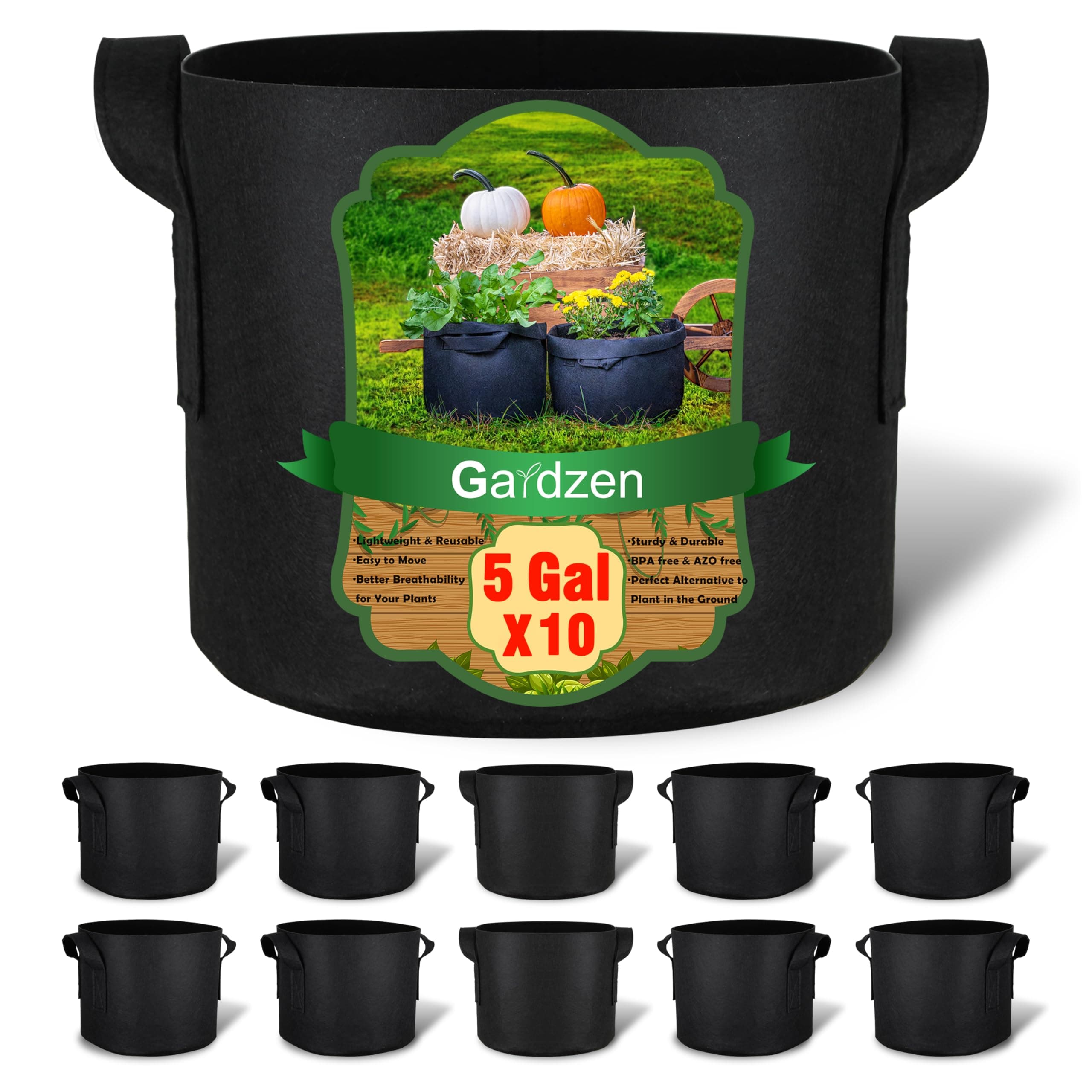 Gardzen 10-Pack 5 Gallon Grow Bags, Aeration Fabric Pots With Handles