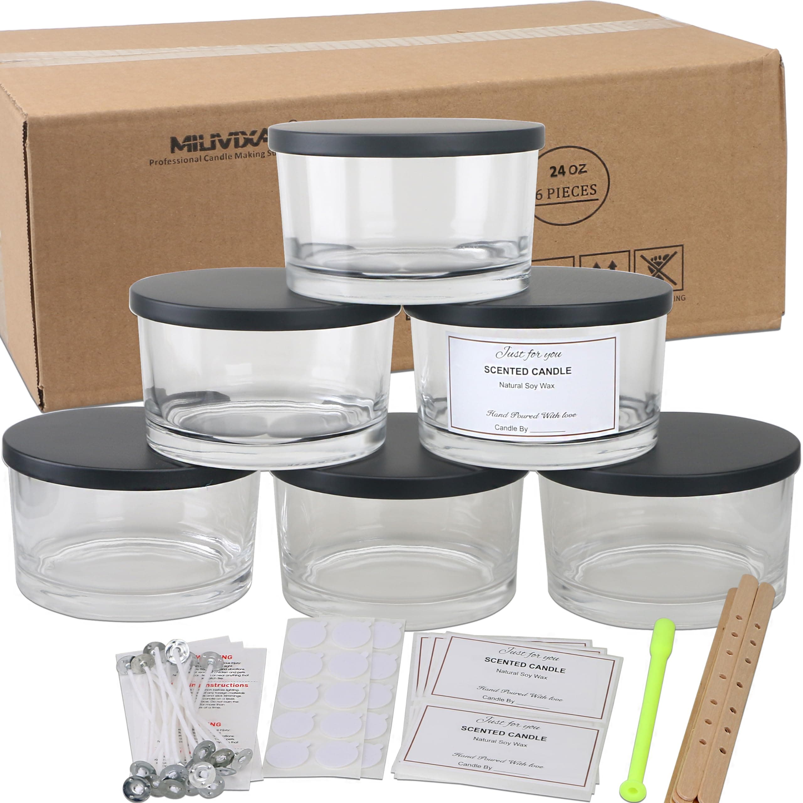 MILIVIXAY 6 Pack 24 oz Candle Making Kits with Metal Lids - Thick Glass Jars for Large Candles - Spice, Powder Containers