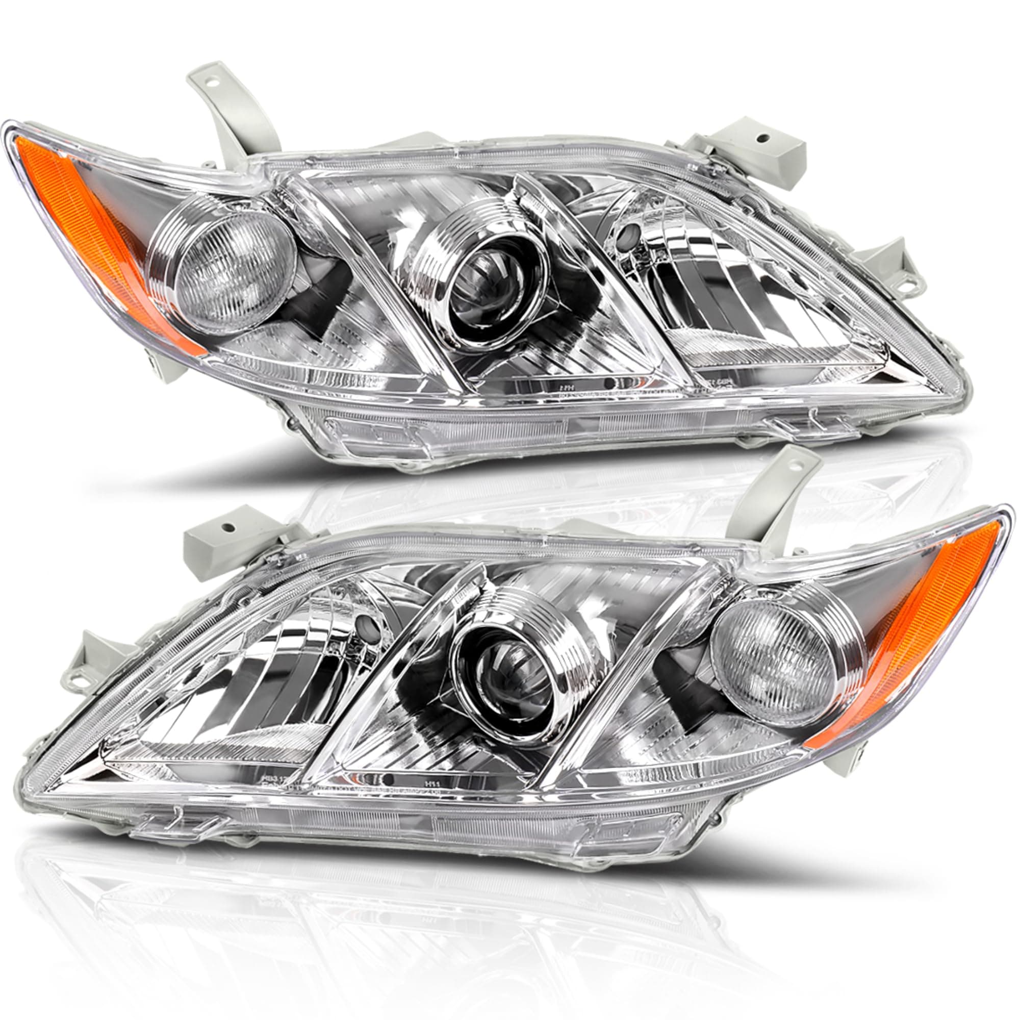 AUTOSAVER88 Projector Headlight Assembly Compatible with 2007-2009 Toyota Camry (Exclude Hybrid) Replacement Halogen Headlamps Left and Right Chrome Housing Amber Reflector Clear Lens (W/O Bulbs)
