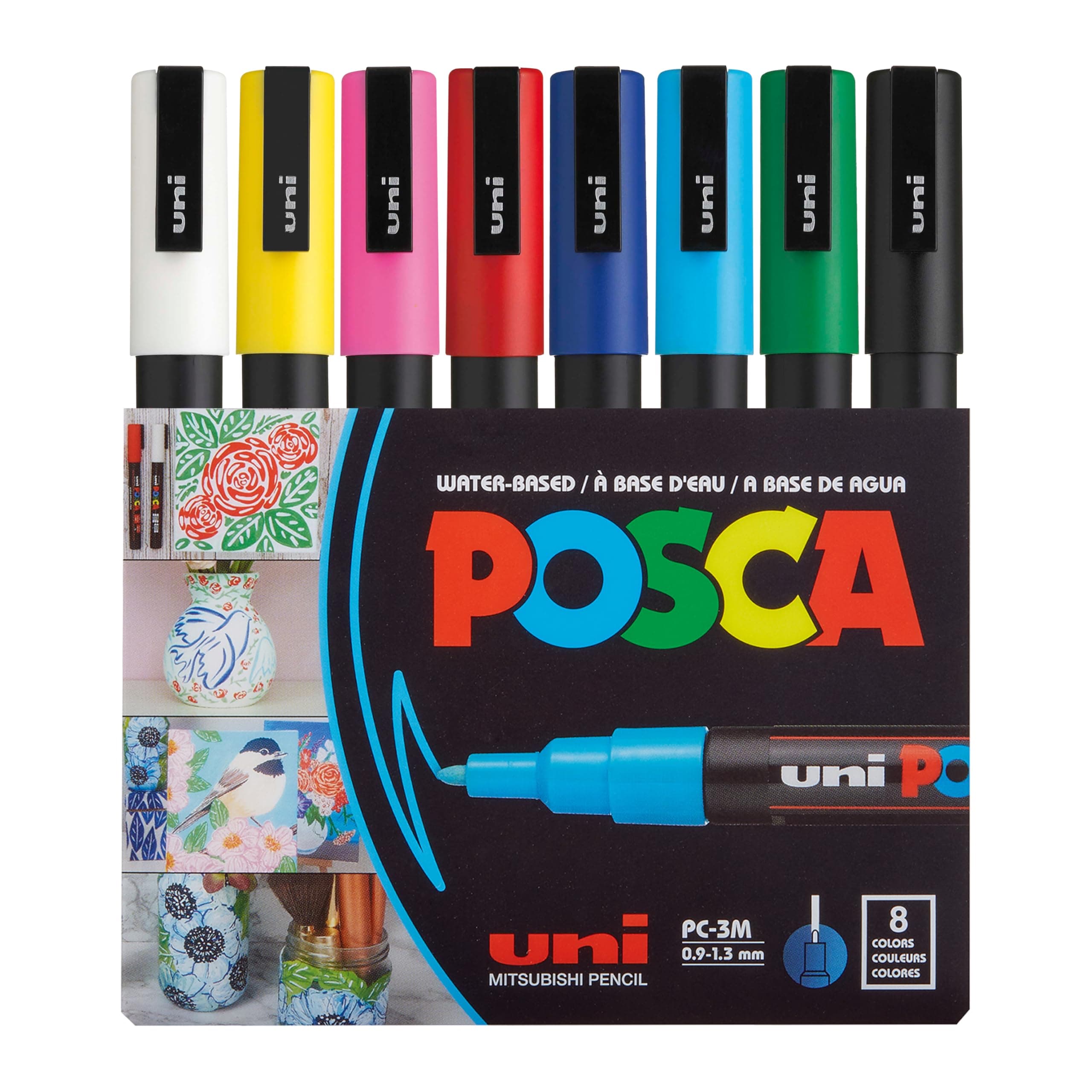 Uni Posca Paint Markers, 3M Fine Point Acrylic Paint Pens with Reversible Tips, Art Supplies For Gifts, Decorations Fabric, Metal, Glass, Wood and Canvas, 8 Pack