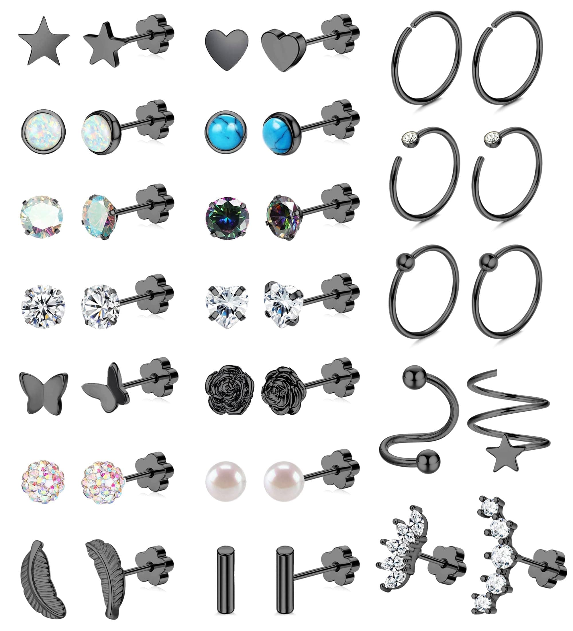 Staligue 21 Pairs Surgical Steel Flat Back Earrings Set for Women Men Hypoallergenic 20G Stainless Steel Stud and Hoops Earrings for Sensitive Ears Small Cz Heart Star Moon Opal Cartilage Earrings