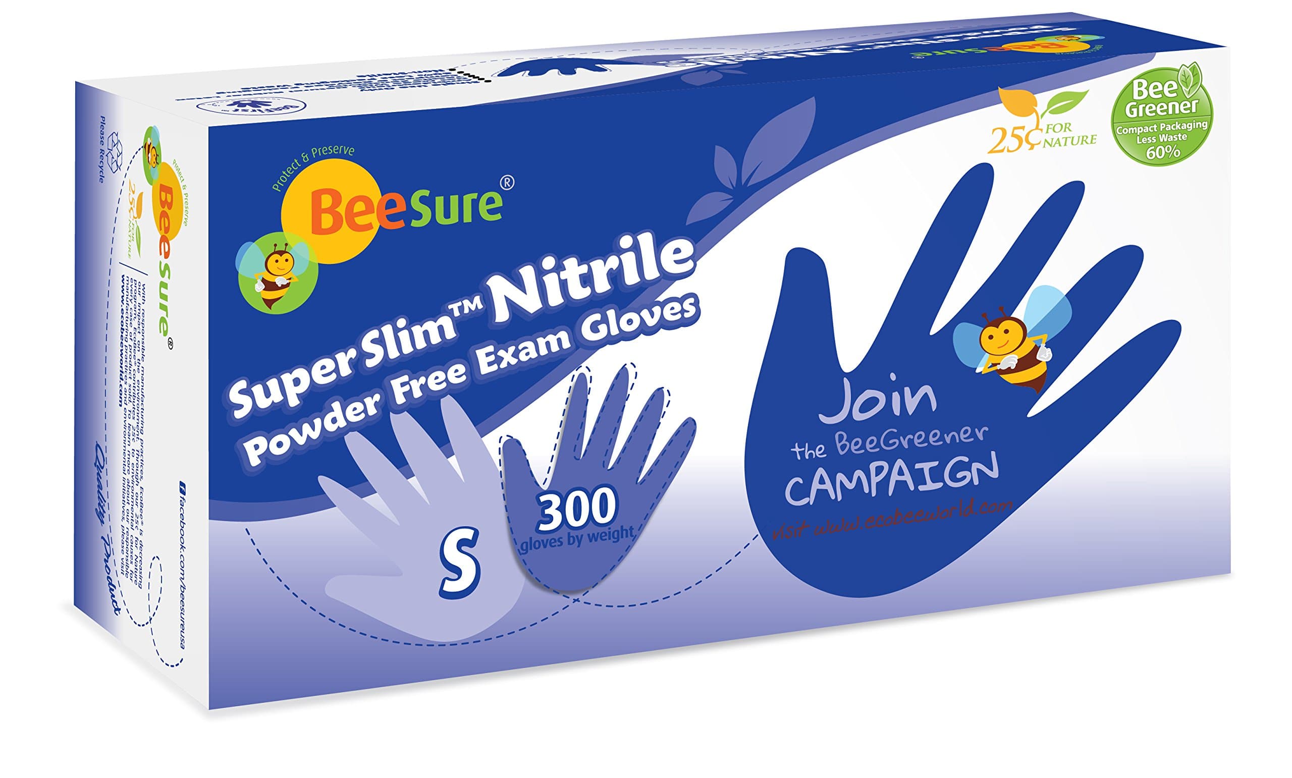 BeeSure BE1146 Superslim Nitrile Powder Free Exam Gloves, Small (Pack of 300),blue