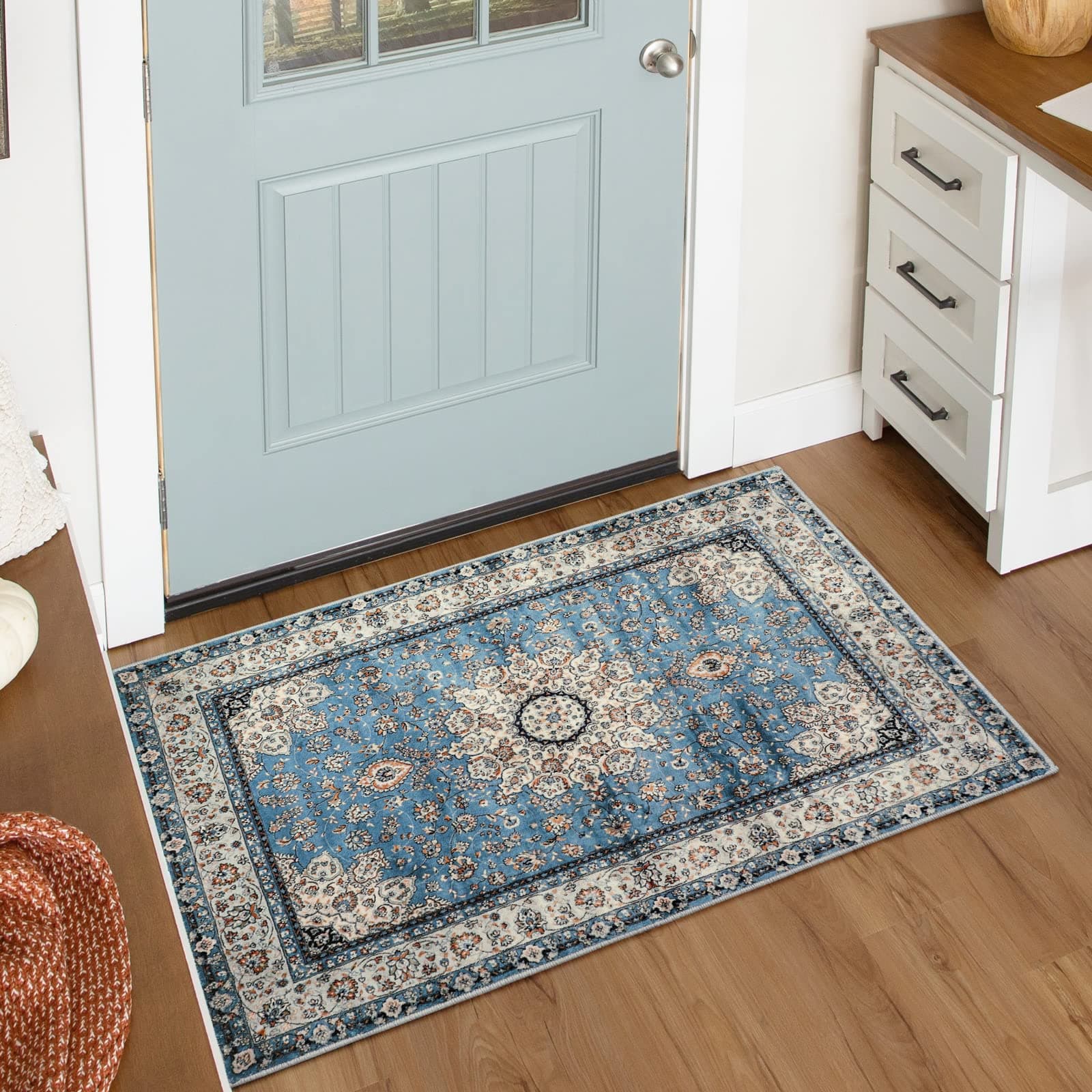 Lahome Felice Oriental Floral Medallion Area Rug - 2x3 Blue Distressed Small Entryway Rug Printed Doormat Vintage Non-Slip Washable Low-Pile Carpet for Indoor Front Entrance Kitchen Bathroom