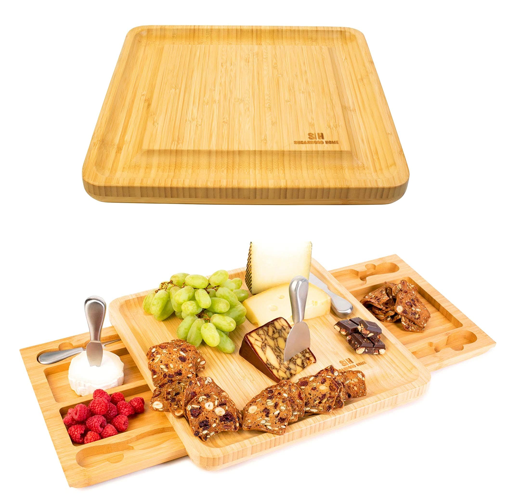 Cheese Board Set - stainless steel cheese knife set with two serving trays as part of the charcuterie board set; Perfect as house warming presents, wedding gifts, birthday gifts