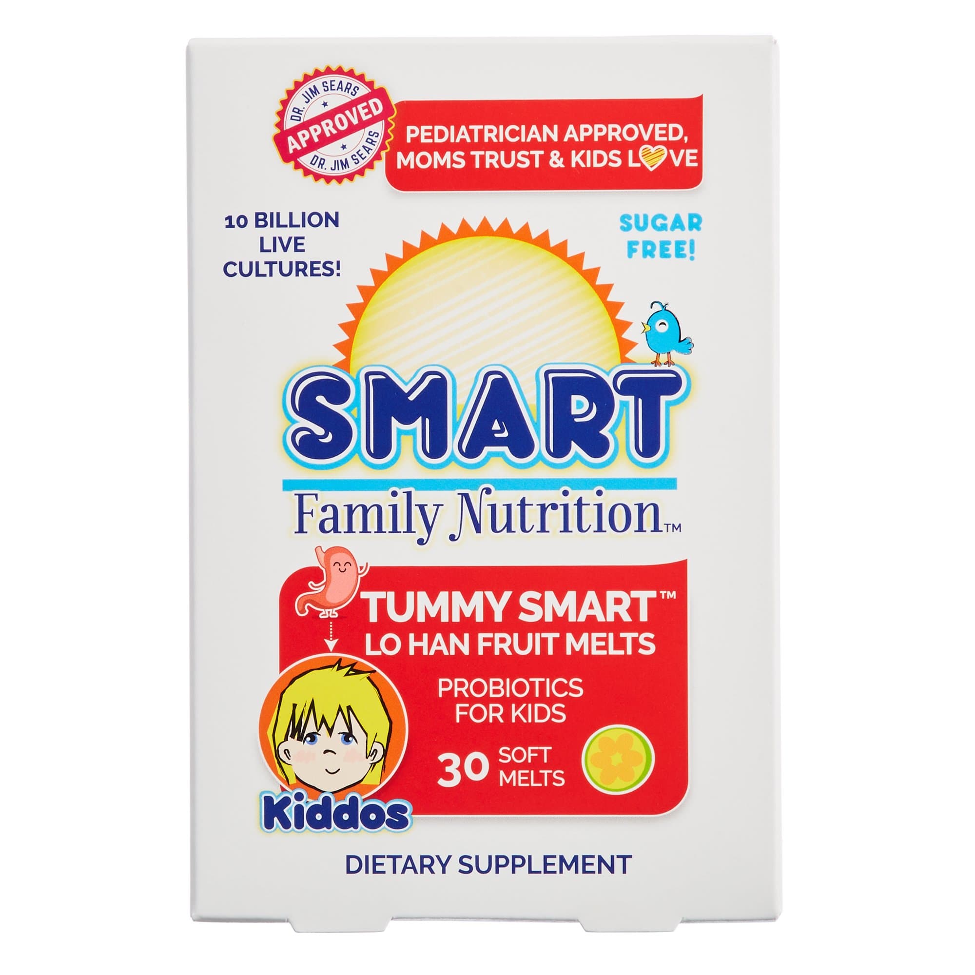 Smart Family Nutrition - Tummy Smart Lo Han Fruit Melts, Children's Probiotic Support for Digestion and Gut Health, 10 Billion CFU, Sugar Free, Gluten Free, 2 Years and Older, 30 Soft Melts