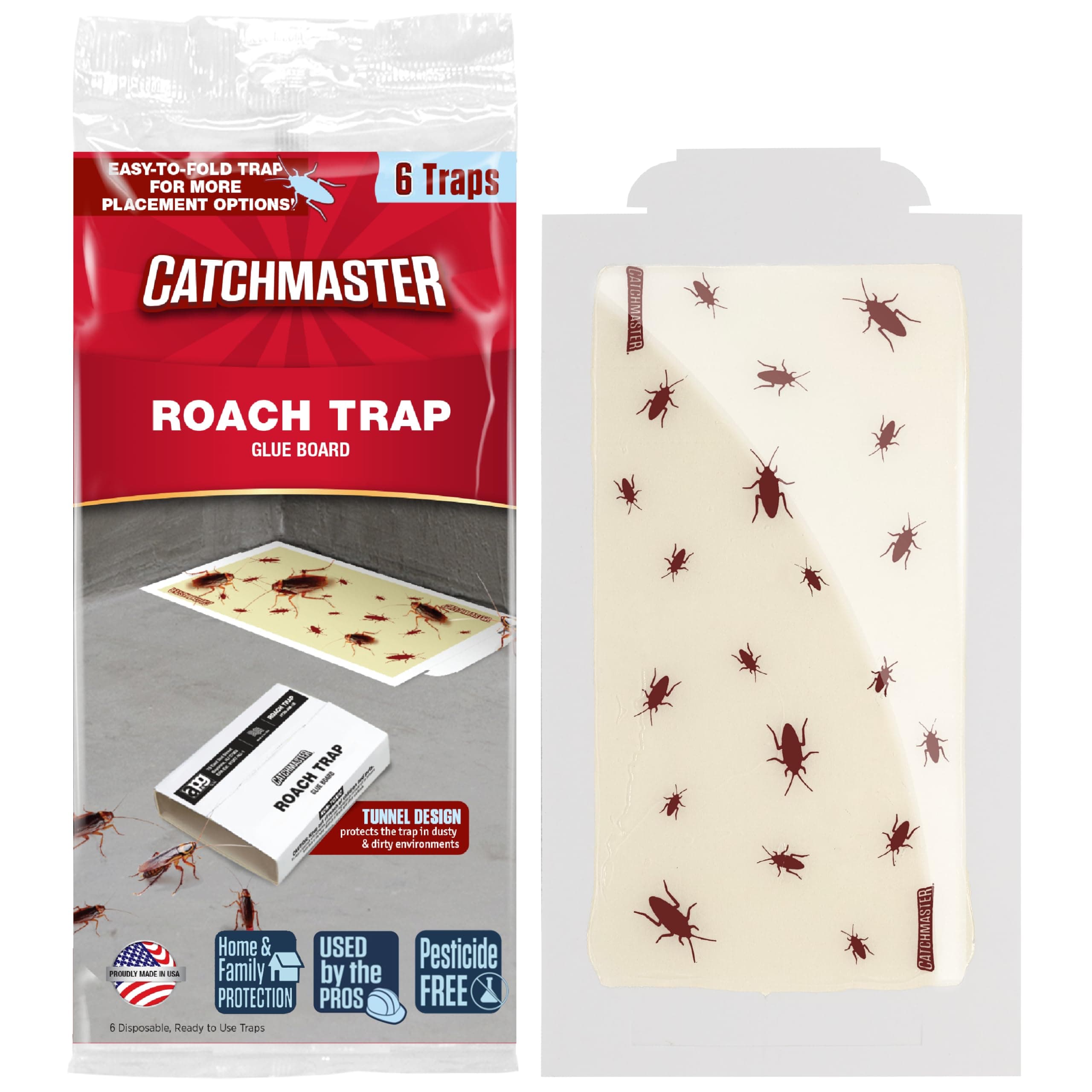 Catchmaster Roach Trap Glue Boards 6-Pk, Adhesive Bug Catcher, Insect & Roach Killer, Scorpion, Spider, Cricket, & Cockroach Traps for Home, Bulk Glue Traps for House & Garage, Pest Control for Home