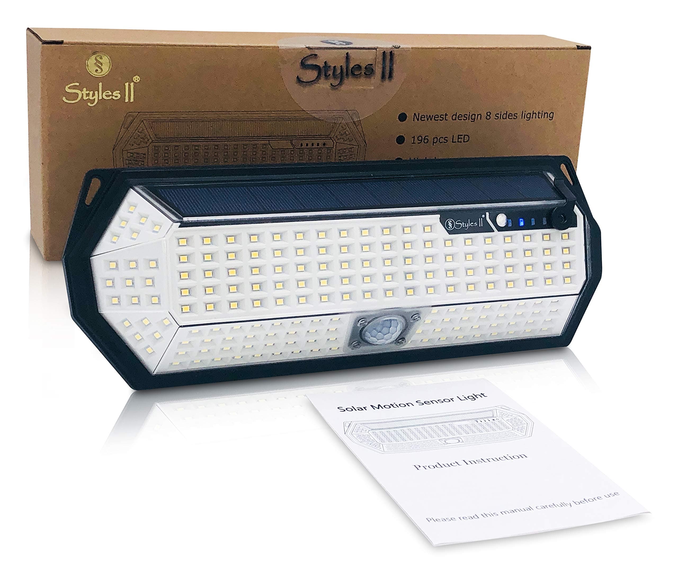 Styles II Super Bright 196 LED Solar Motion Sensor Outdoor Light for Front Door, Backyard, Patio, Garden, Driveway - Wide Angle Reach with 21 LEDs on Both Side - Solar Powered Security Light