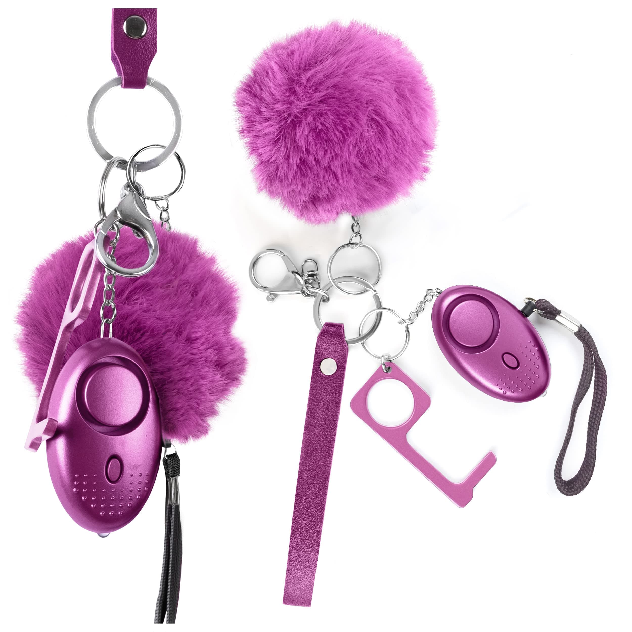 StrikeDownVegan Leather Keychain Set for Women, Girls, Portable Key Chain with Safety Alarm, Wristlet, Pompom & No Touch Door Opener