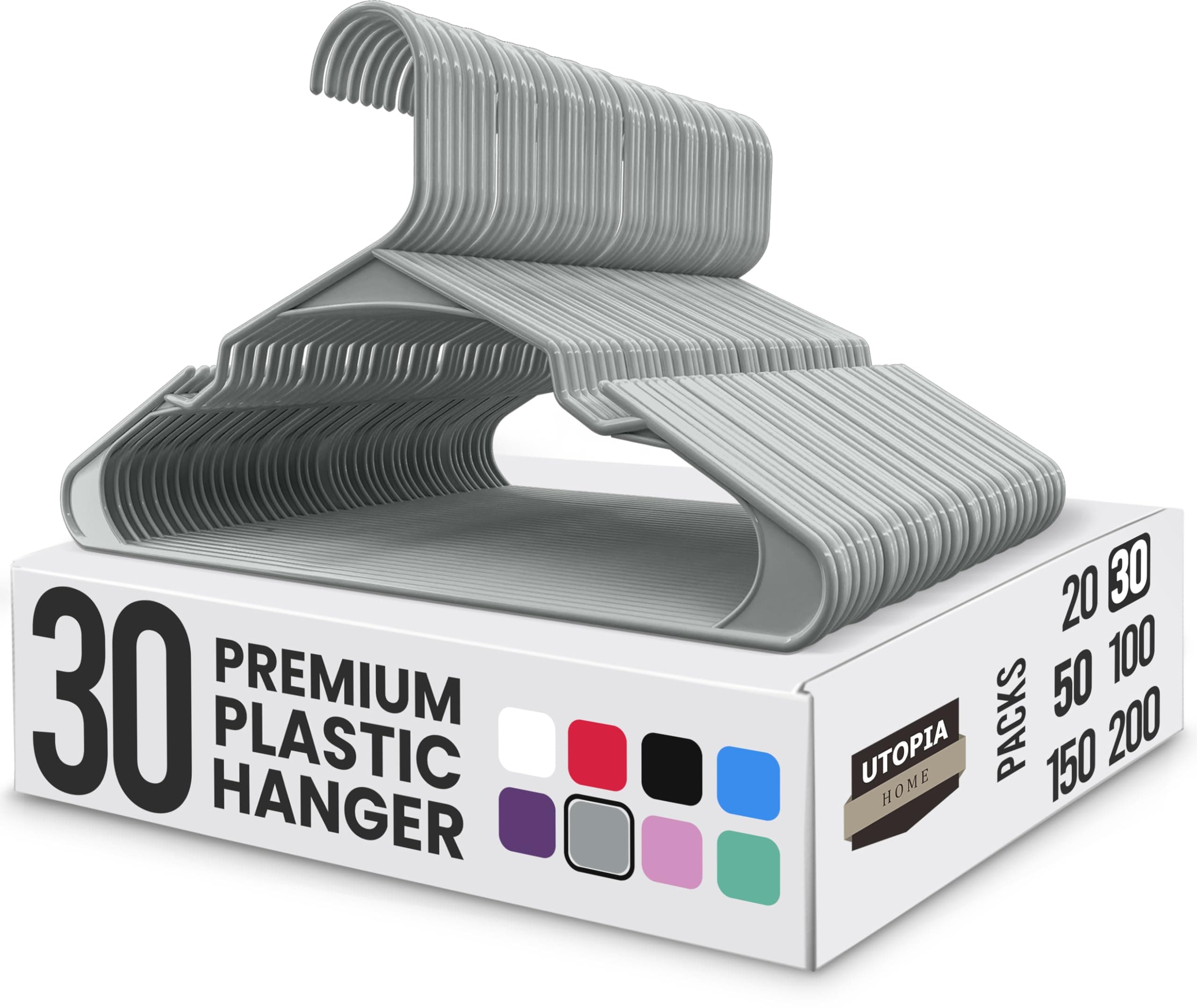 Utopia Home Plastic Hangers 30 Pack - Perfect Space Saving Clothes Hanger - Durable and Strong - Perfect Closet Organizers with Shoulder Grooves (Grey)
