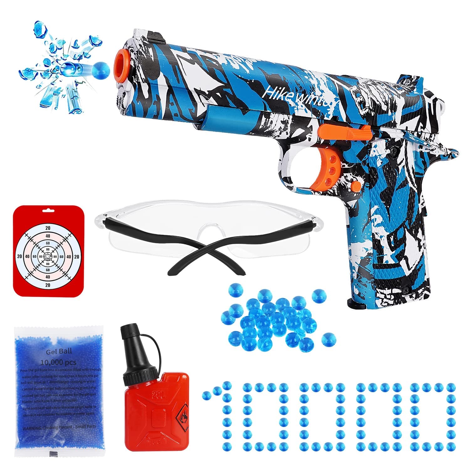 Hikewintoy Manual Splat Gun Pistol with 10000 Gel Balls, Small Gel Ball Blaster Without Battery, Pull Back Action Outdoor Shooting Game, Pistolas De Gel for Kids Age 8+ (Blue)