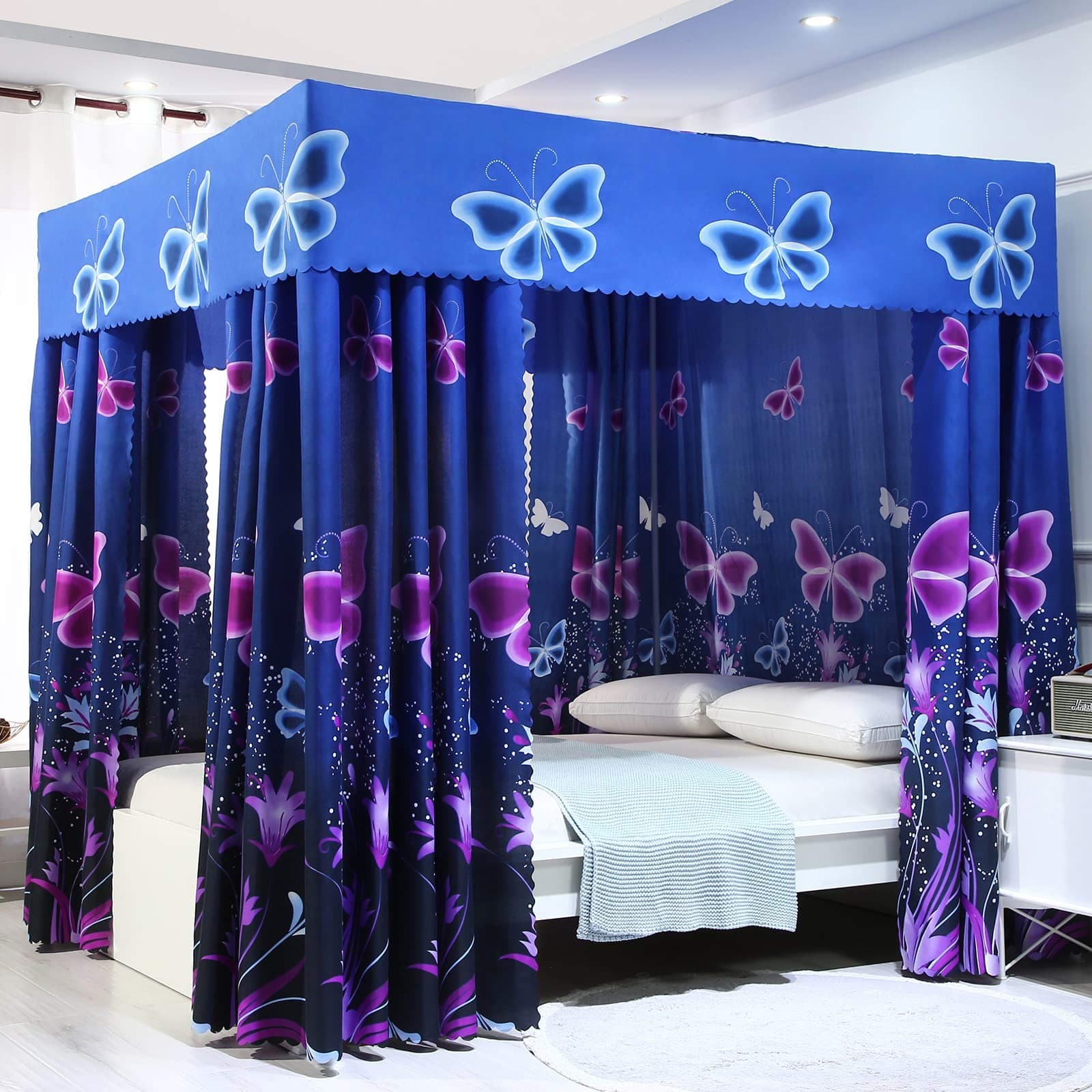 Mengersi Butterfly Four Corner Post Bed Curtain Canopy Mosquito Net for Girls Adults Kids (Queen, Blue)