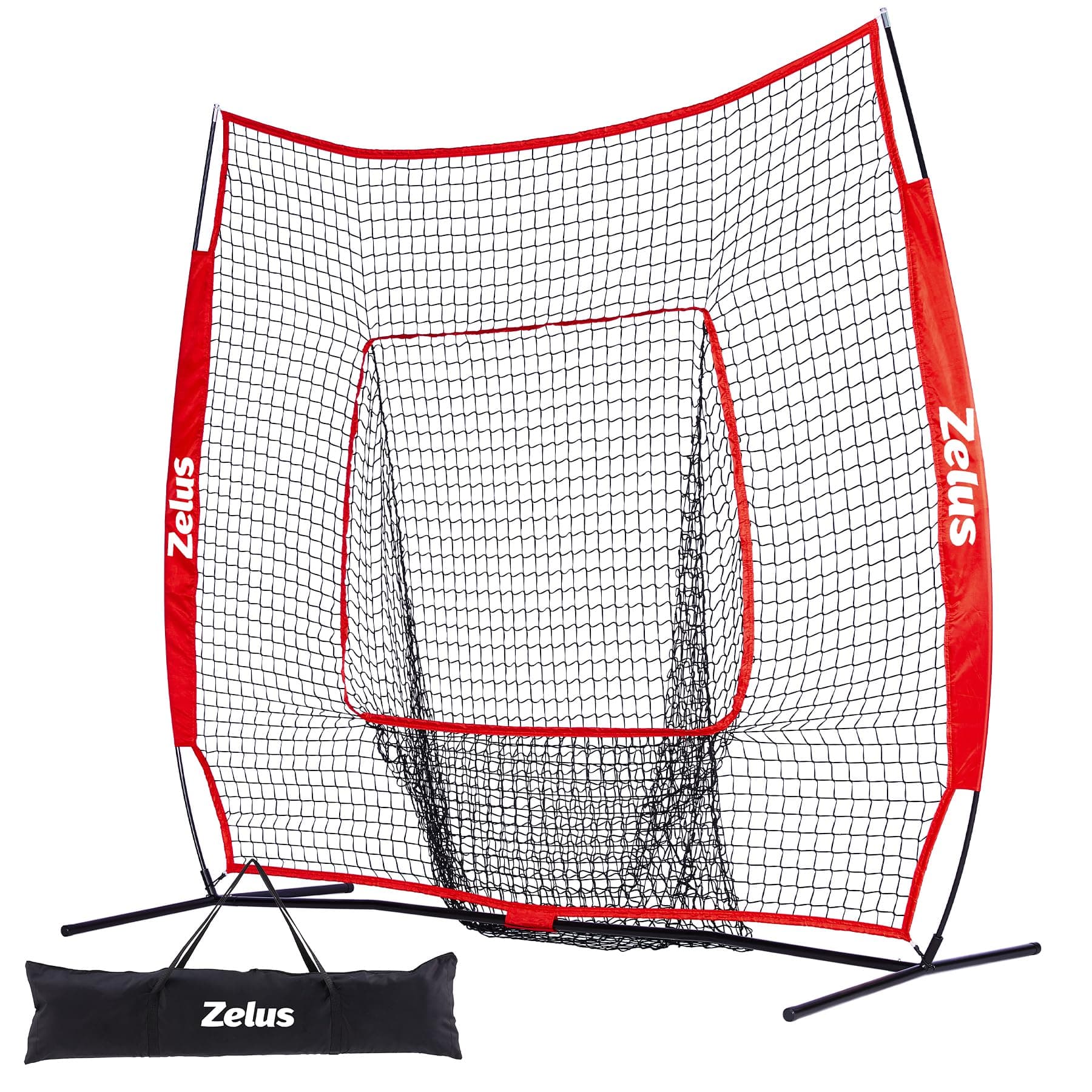 ZELUS Baseball Net 7 ft x7 ft, Softball Hitting & Pitching with Carry Bag, Ground Stakes, Portable Backstop & Bow Frame, Training Equipment for All Ages