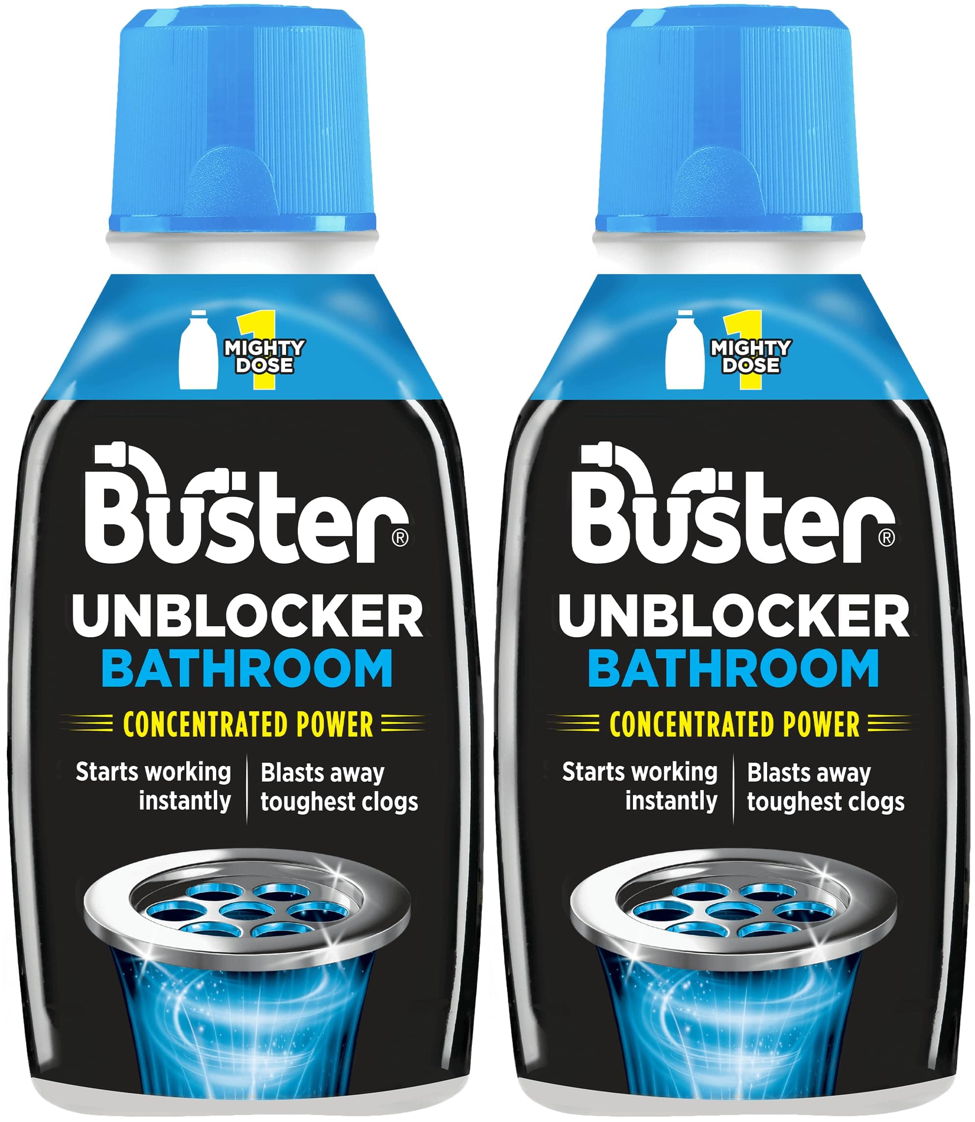 Buster Bathroom Drain Unblocker 300ml, Pack of 2 – Sink Unblocker Removes Hair & Sludge in Showers, Baths & Sinks. Fast-Acting Shower Drain Unblocker Clears Blockages & Slow-Draining Water