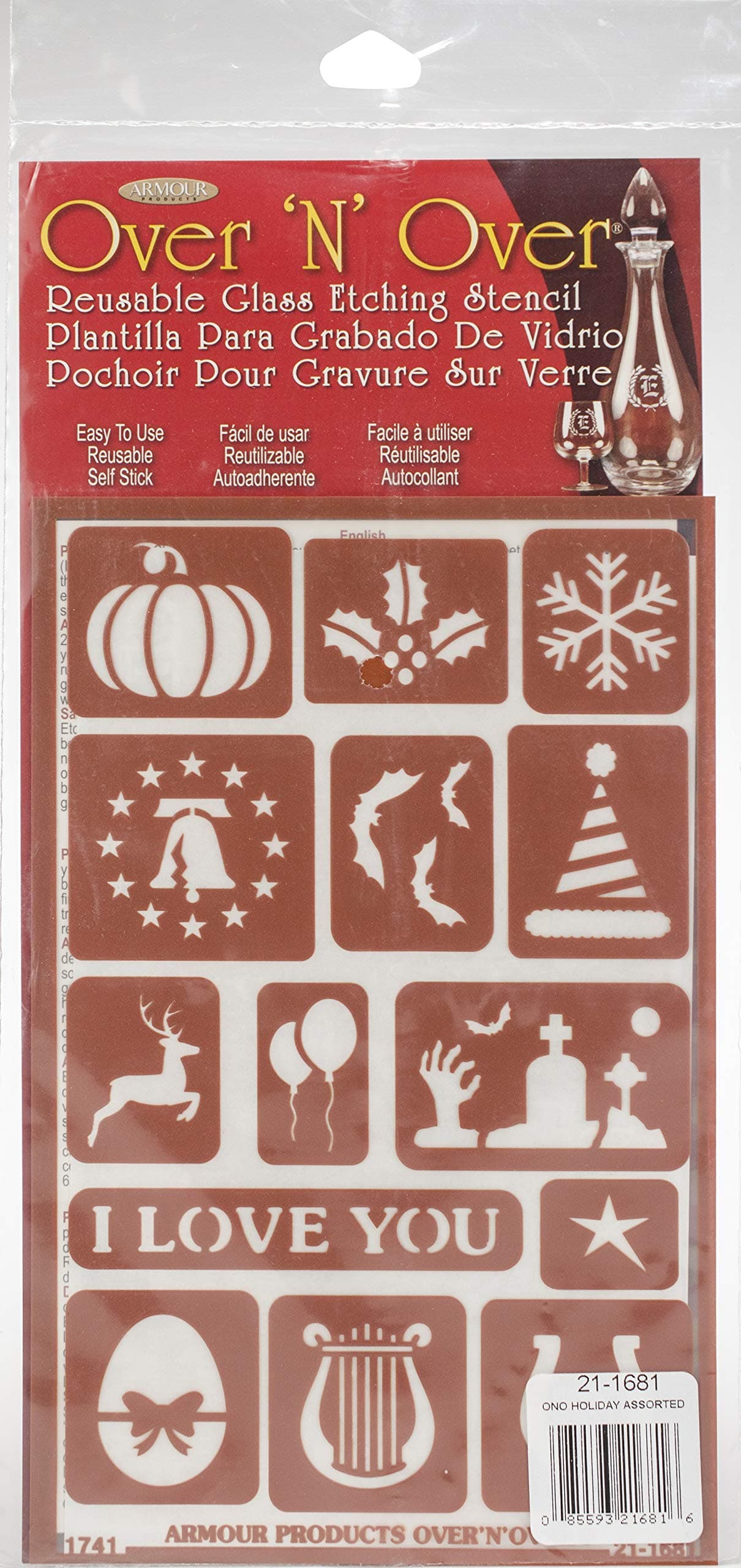 Armour Products Over n Over Glass Etching Stencil Holiday Assorted, Multicolor