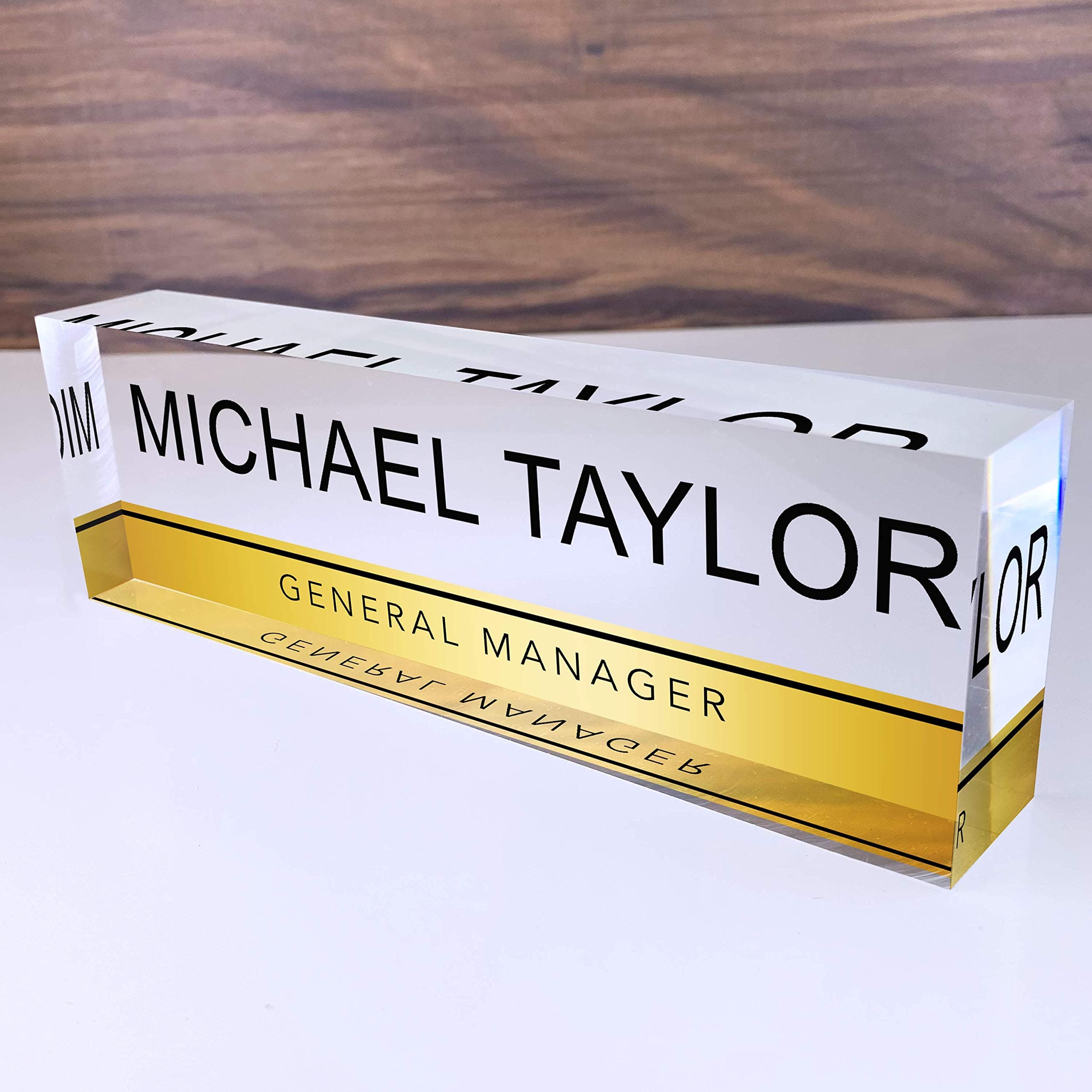 Artblox Personalized Name Plate for Desk | Gold Stripe On Clear Acrylic Glass | Custom Desk Name Plate Personalized with Name and Credentials for Teacher Phd Military Office Name Plate (8" X 2.5")