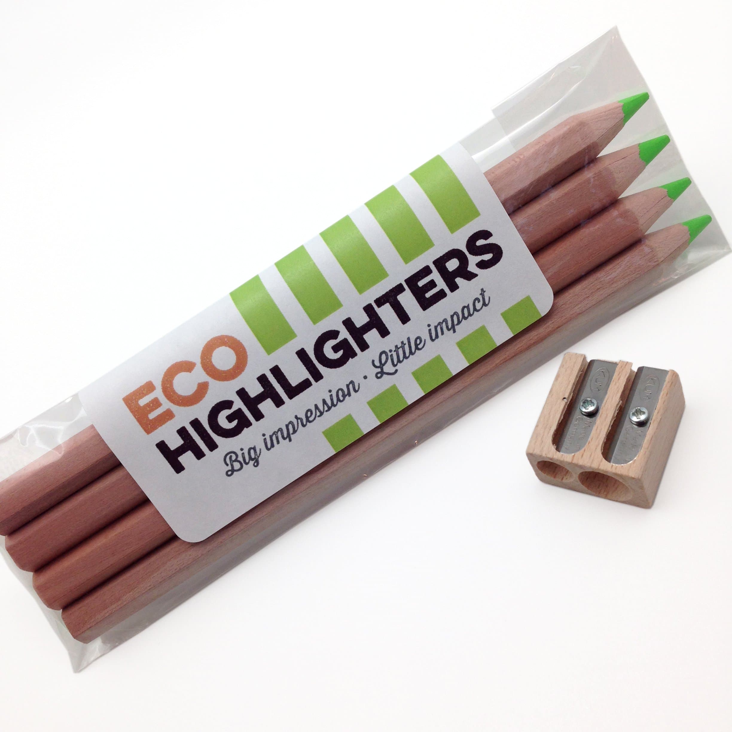 Stubby Pencil Studio Eco Highlighter Pencils - Set of 4 GREEN - Will Not Bleed or Dry Out - Includes a Jumbo Sharpener