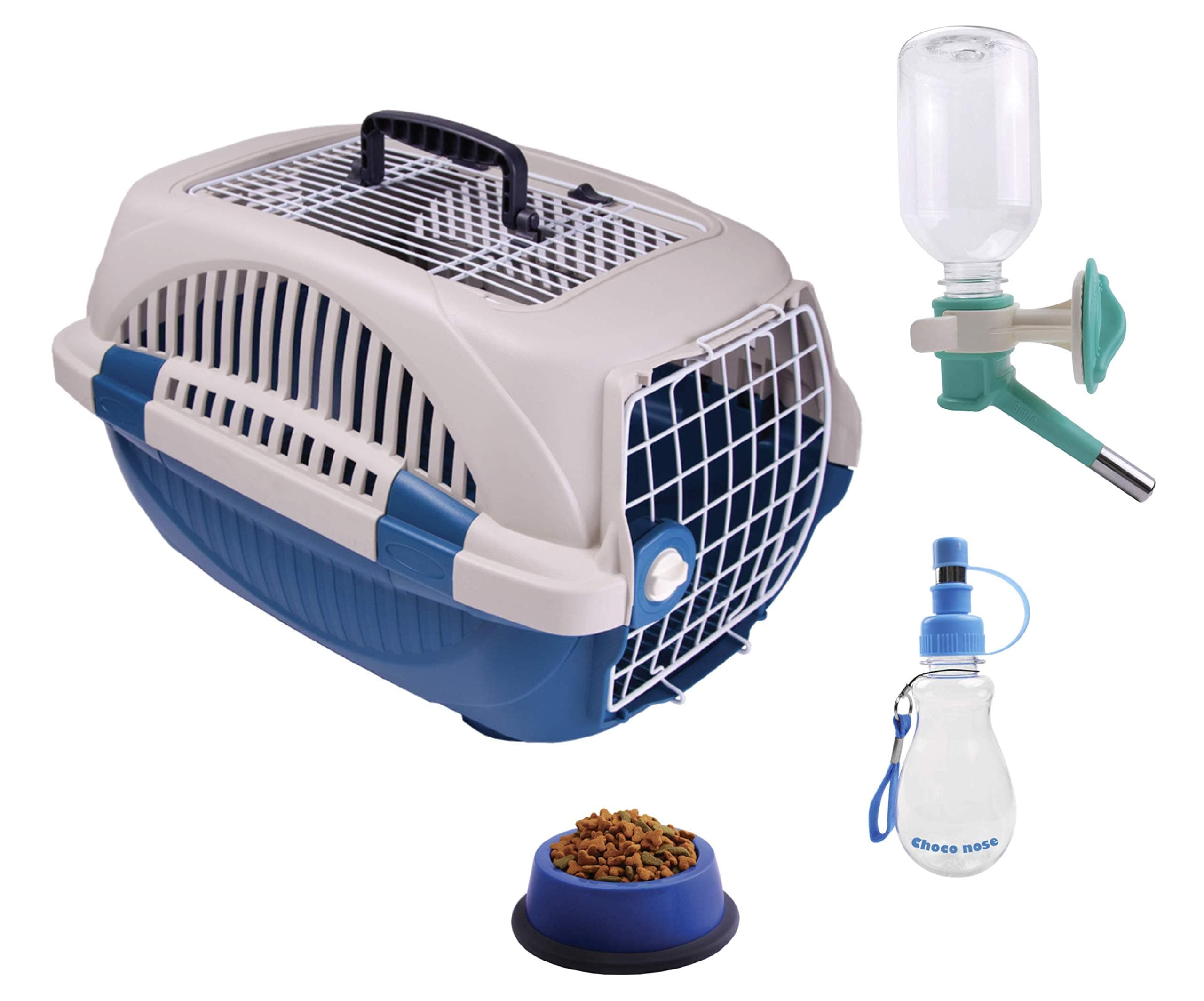 Choco Nose Travel Kennel Set - Durable Top Load Pet Carrier/Crate for Animals Under 12 Lb, Small Dogs/Puppy/Cat/Rabbit- Includes Pattened No Drip Water Bottle, Portable Water Bottle + Food Bowl, Blue