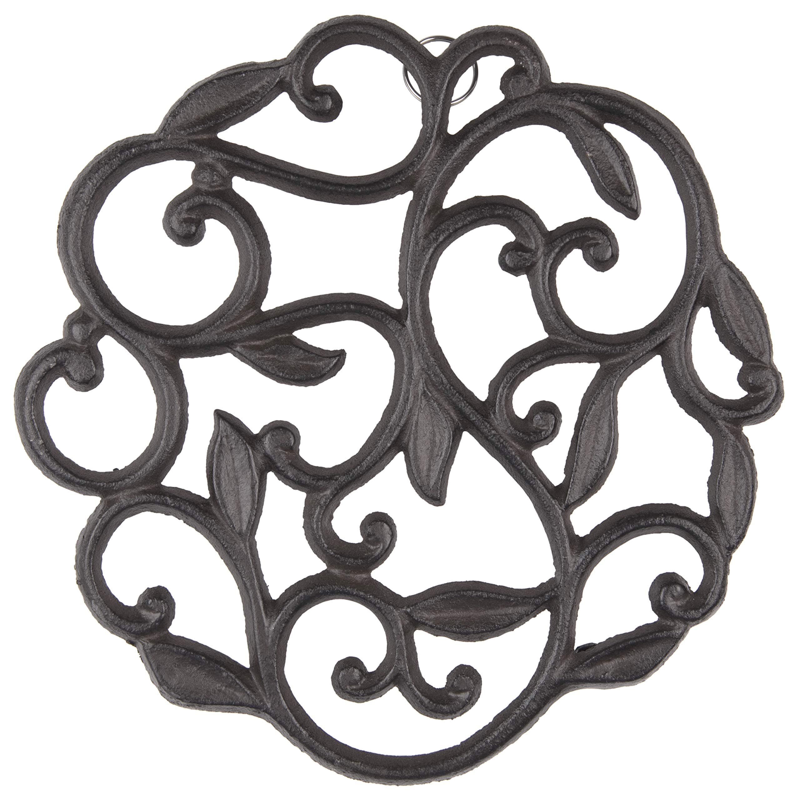GASARÉ, Cast Iron Trivet for Hot Dishes, Pots, and Pans, Metal Trivet, Vine Design, Rubber Feet Caps, Ring Hanger, 8 Inches, Brown, 1 Unit