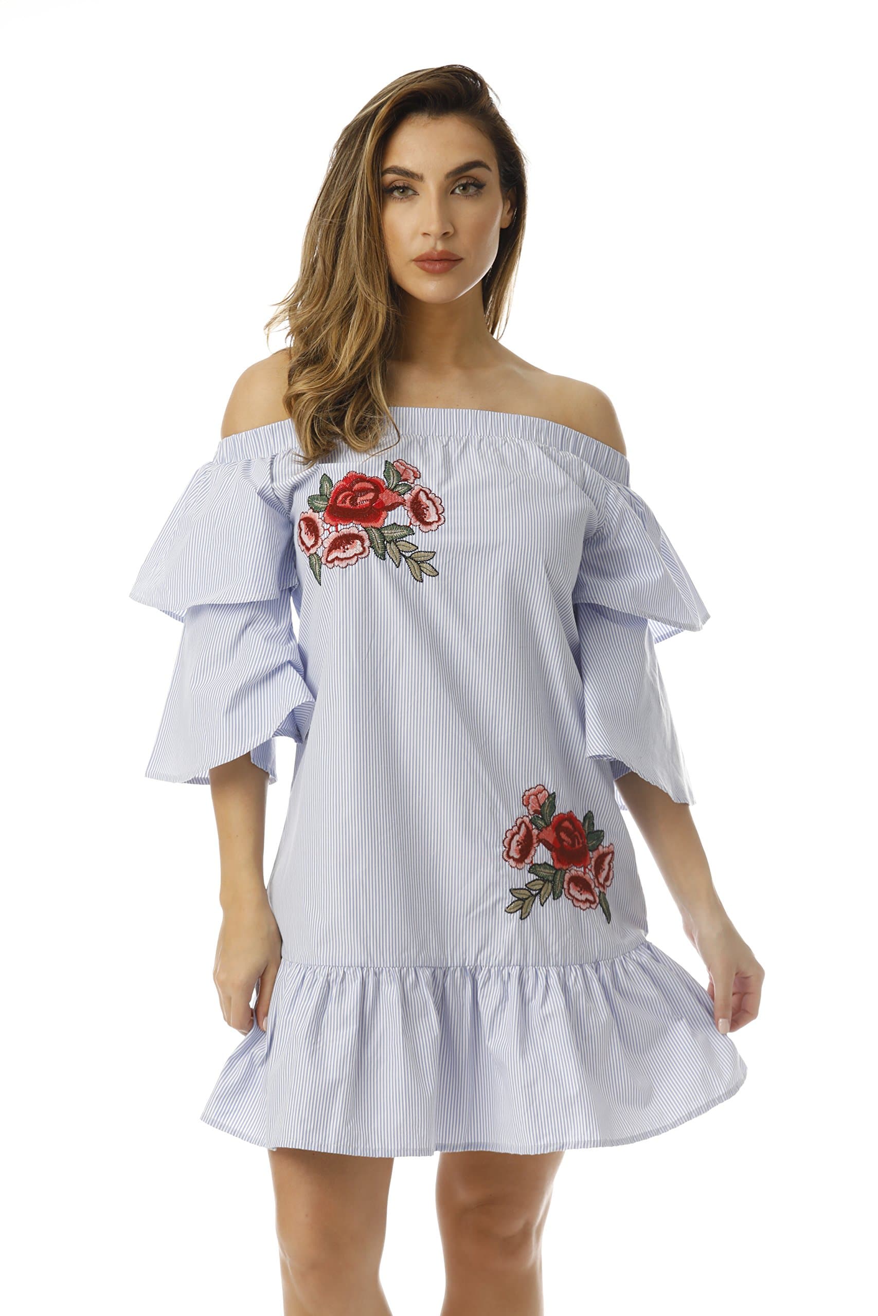 Cocoom Off Shoulder Bell Sleeve Summer Dress with Floral Embroidery