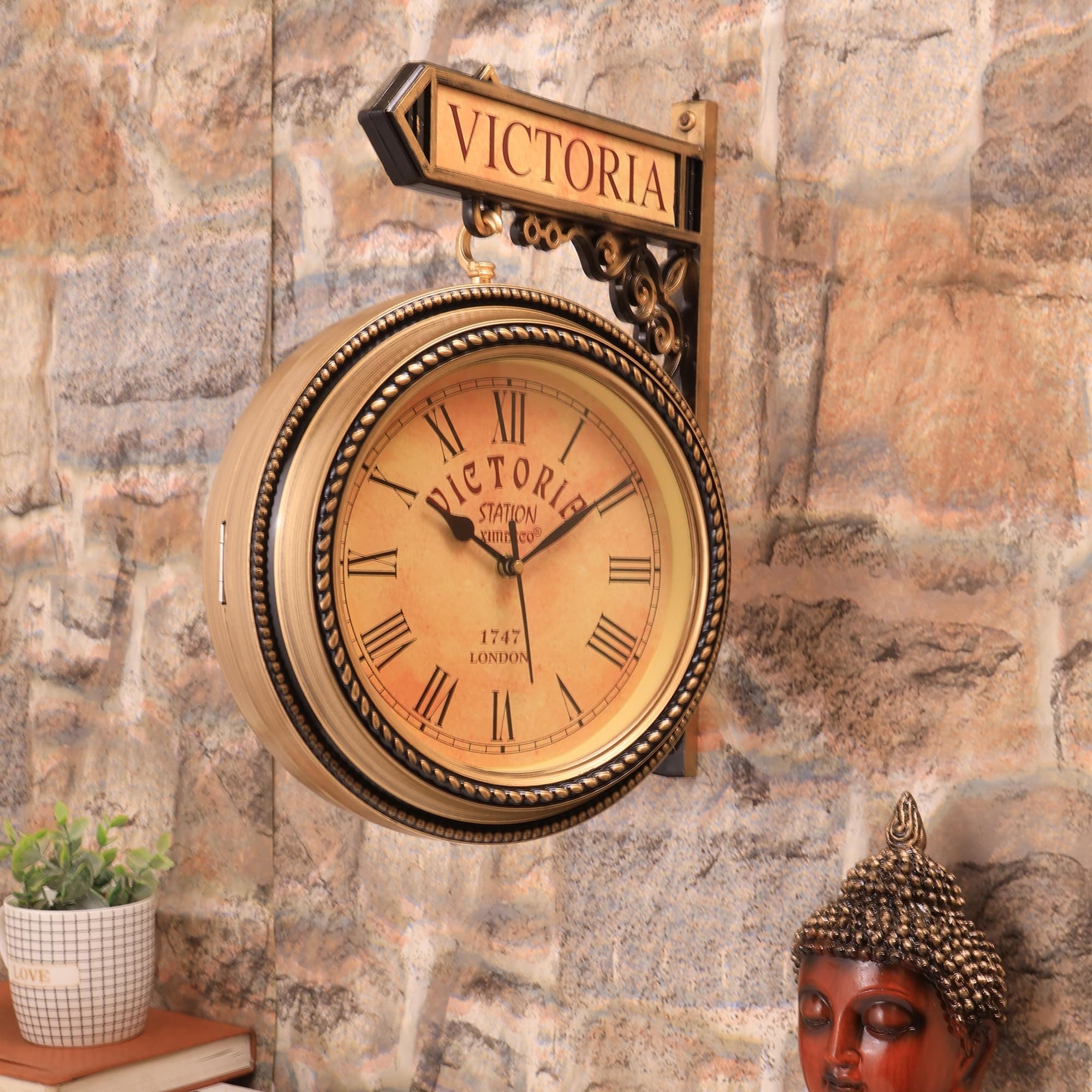 Golden Plastic Wooden Pattern Replica Dual Side Victoria Station Analog Wall Clock Hanging Style Platform Railway Clock Home Decor (Golden) (Length 33 cm, Width 10 cm)