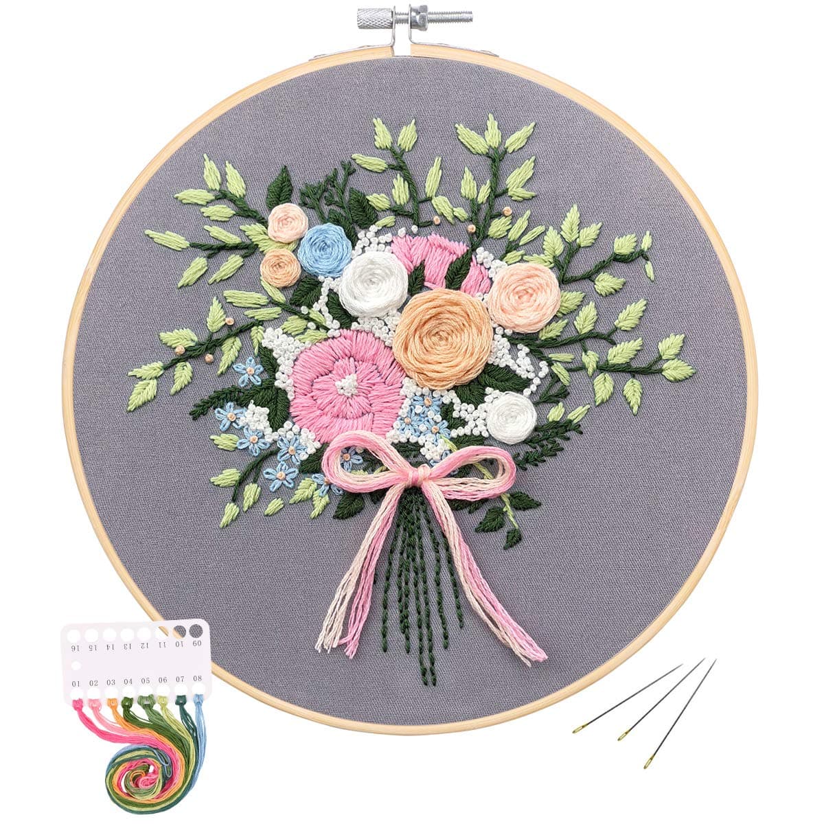 Embroidery Starter Kit with Pattern, Mikimiqi Full Range of Stamped Embroidery Kit Including Embroidery Cloth with Floral Pattern, Bamboo Embroidery Hoop, Color Threads and Tools Kit (Bouquet)