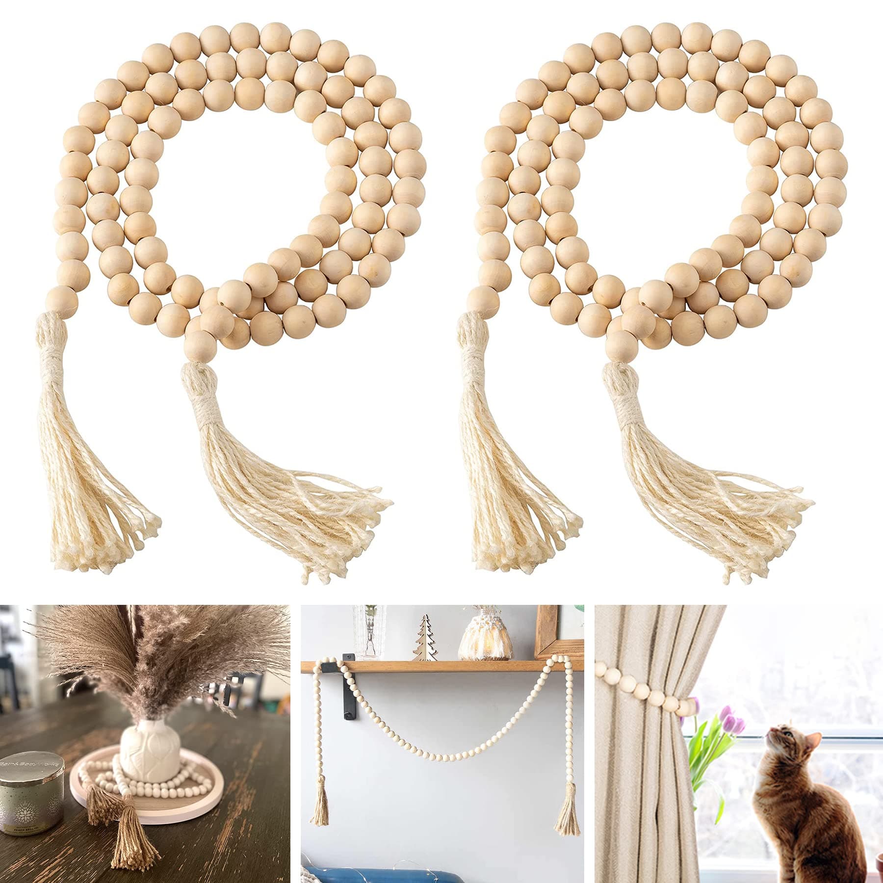DECORKEY Farmhouse Wood Beads Garland, 2 Pack 58 Inch Wooden Beads for Boho Home Decor with Tassels, Rustic Country Decor for Coffee Table, Wall, Shelf, Tray, Vase, Living Room, Bedroom