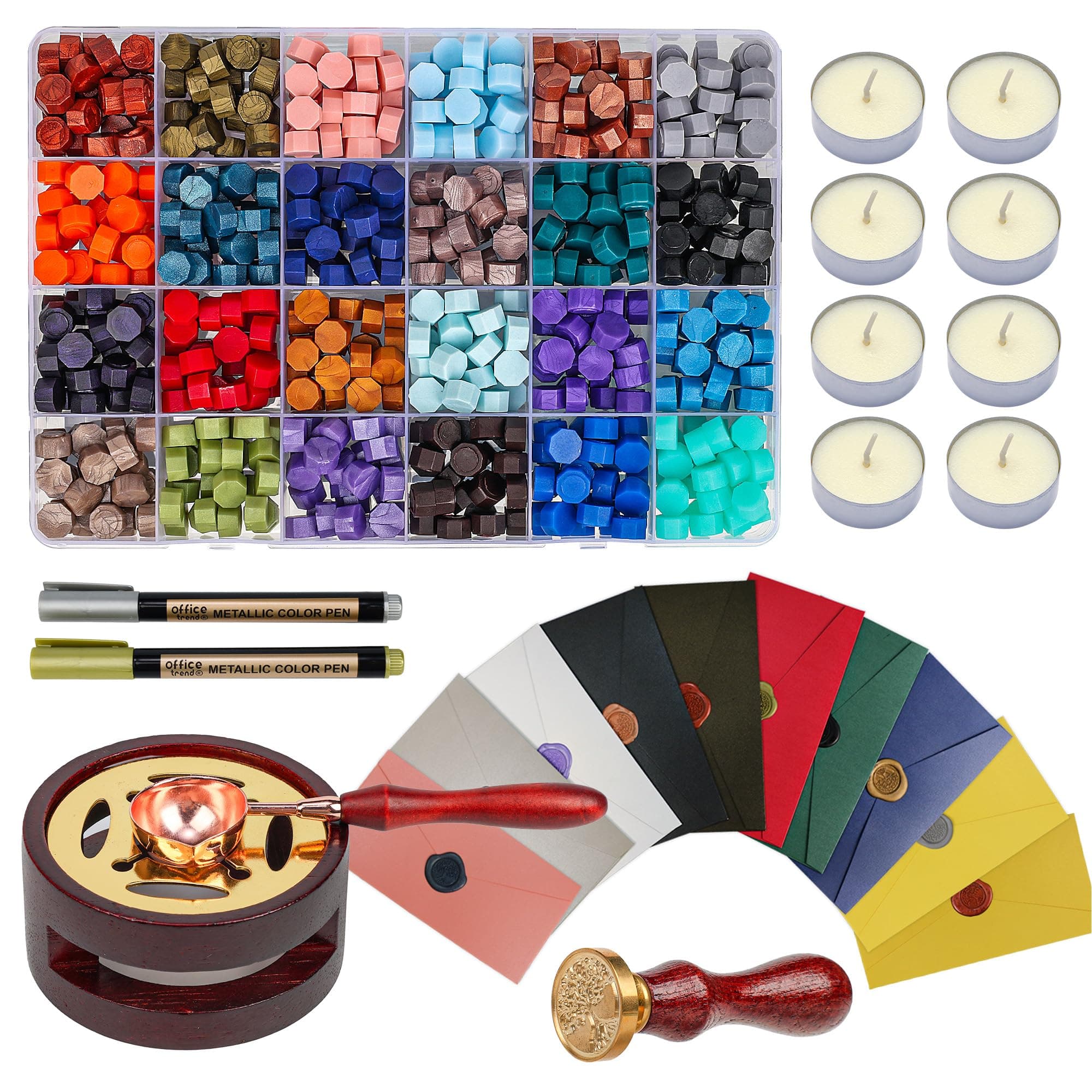 TRINIDa Wax Seal Kit Premium Wax Seal Stamp Kit 24 Colors 624 Beads Metallic Pen, Warmer, Spoon, Tea Candle, Wedding Invitations, Letter Envelopes, Gift Cards, DIY Crafts