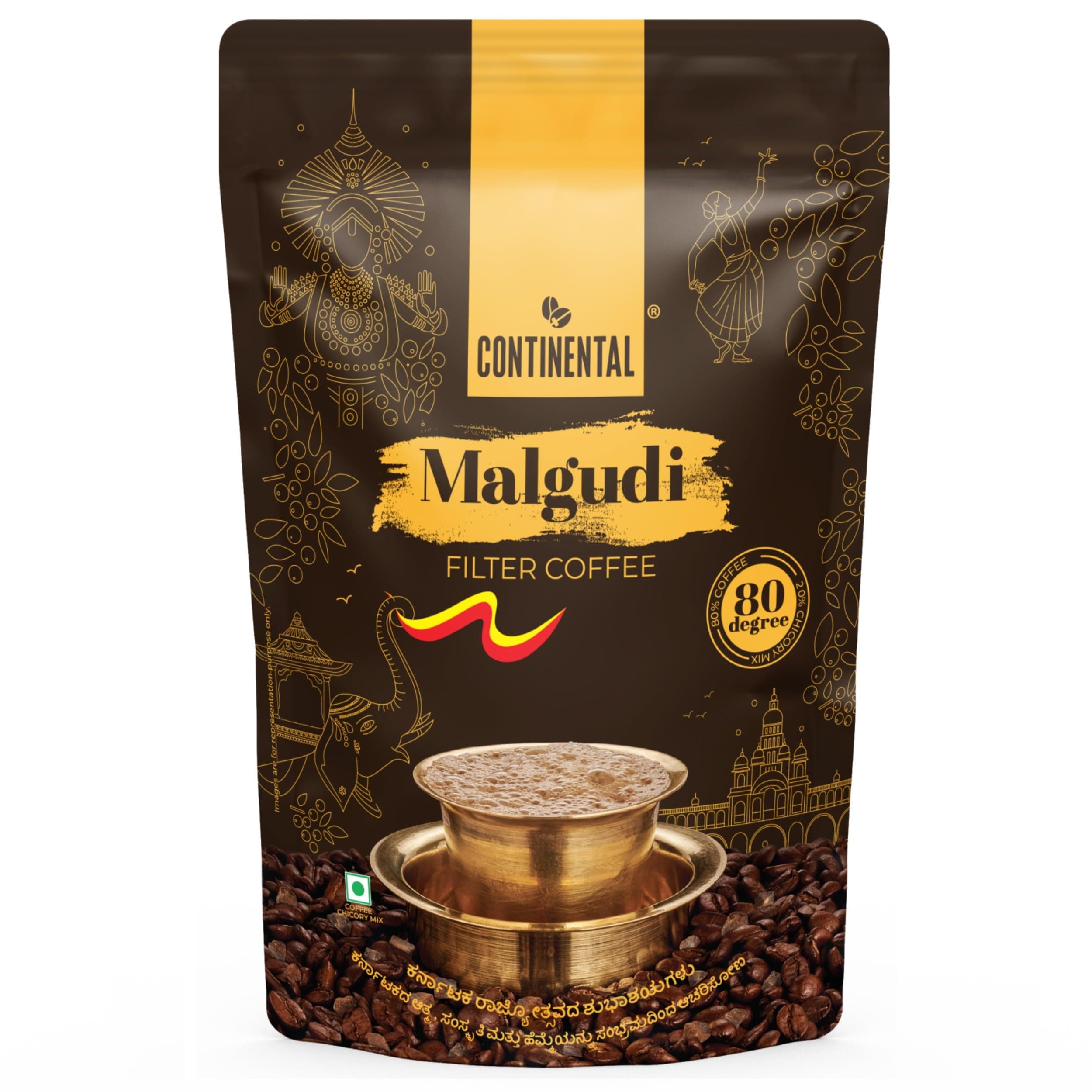 Continental Malgudi Filter Coffee Powder | 500gm Coffee Pouch | 80% Coffee - 20% Chicory | Traditional South Indian Filter Coffee Powder | Roasted Ground Coffee | Smooth Flavour and Rich Aroma |
