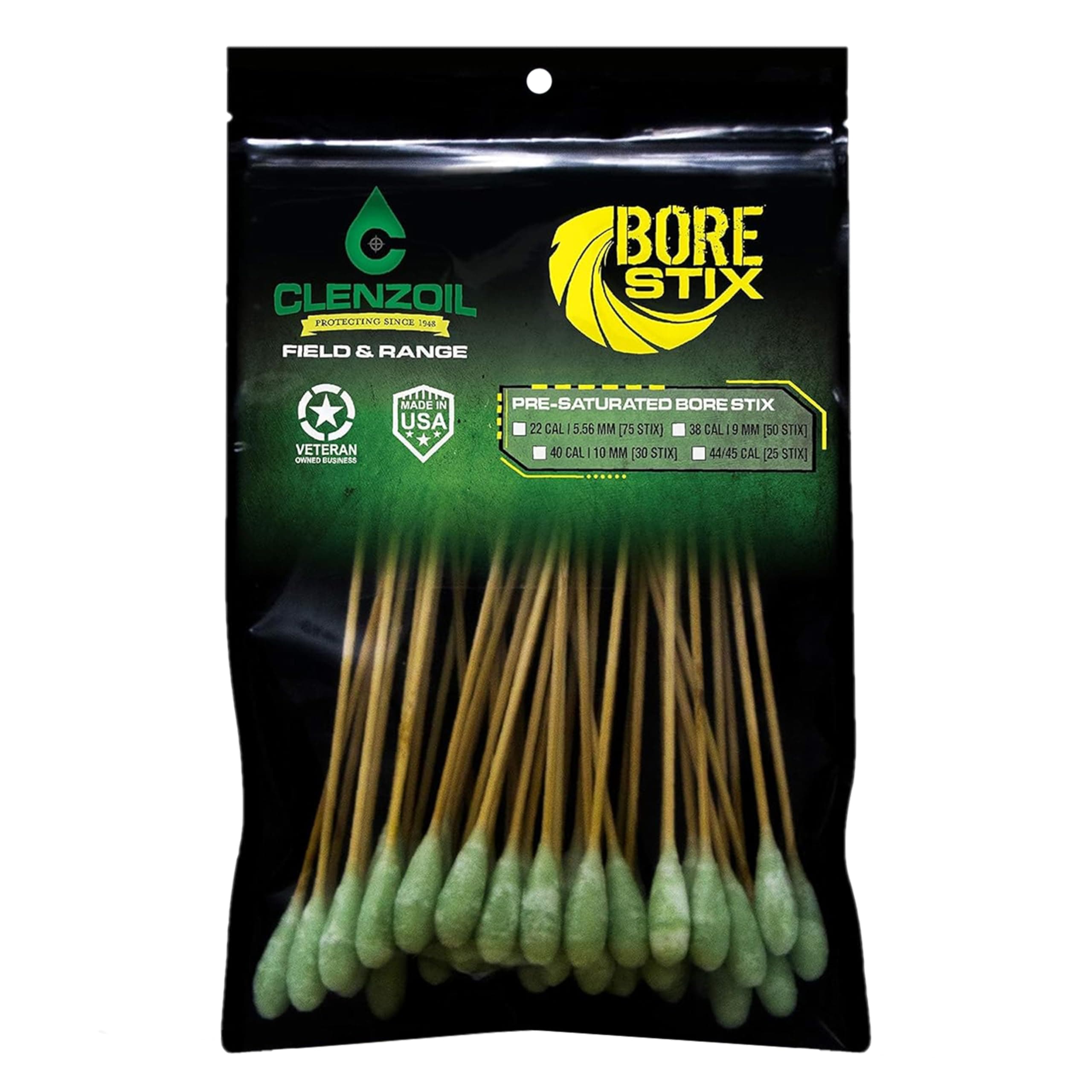 Clenzoil Field & Range Bore Stix | Pre-Saturated Gun Cleaning Cotton Swabs | Caliber Specific Gun Barrel Swabs for Pistols
