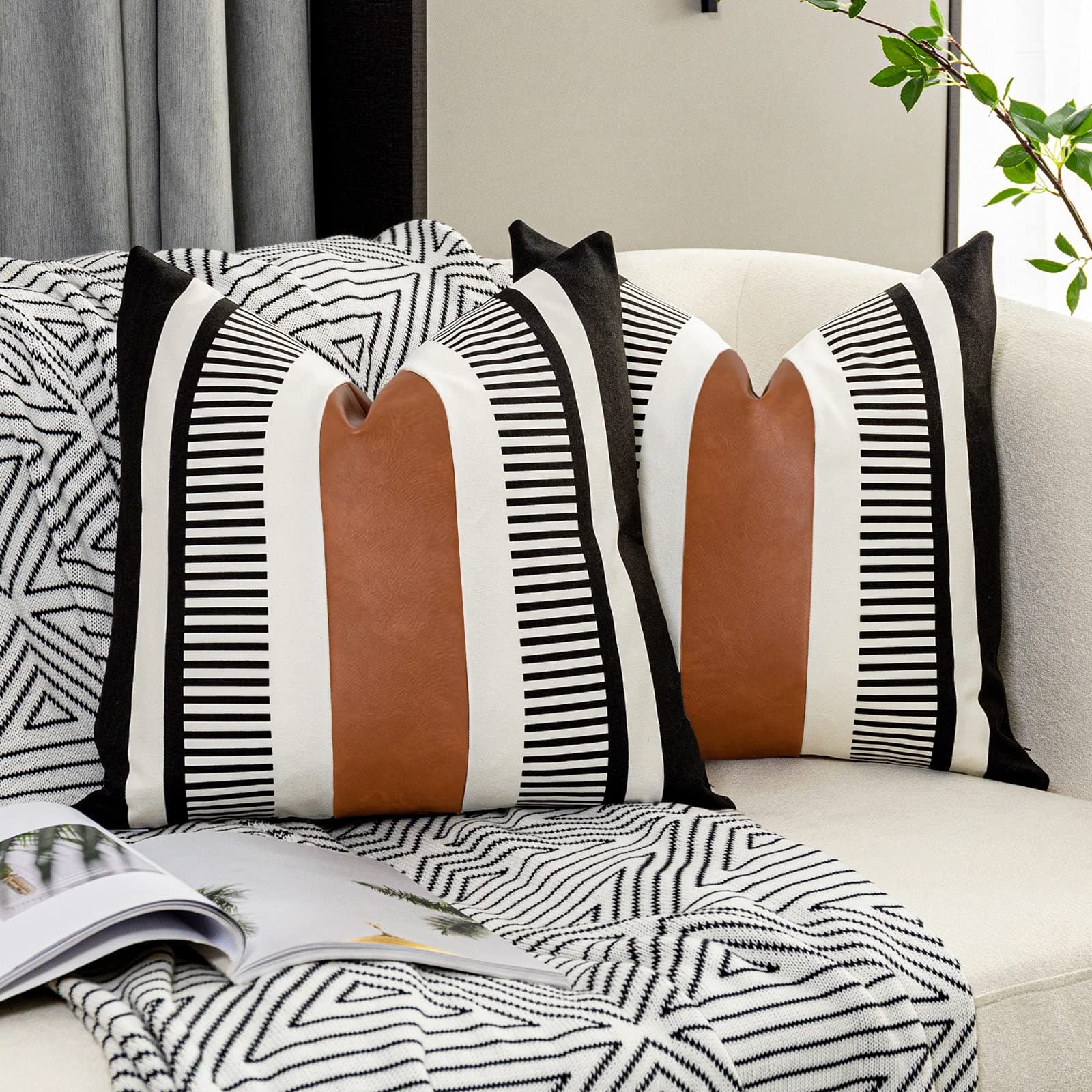 VfutyPack of 2 Farmhouse Throw Pillow Covers for Couch Sofa Decorative Faux Leather Square Cushion Cover Tribal Stripe Accent Pillow Case 18 x 18 Inch,Black