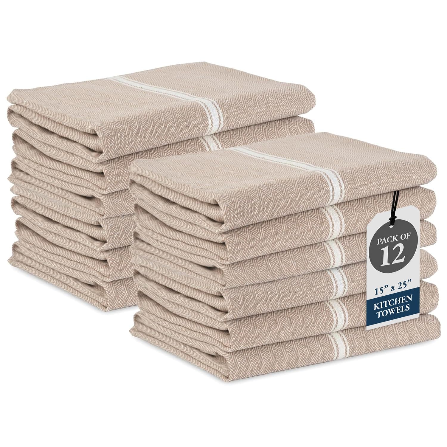 LANE LINEN Kitchen Towels Set - 100% Pure Cotton Dish Towels for Kitchen, Super Absorbent Kitchen Hand Towel, Tea Towels, Soft & Durable Dish Cloths, Pack of 12 – 14”x25”, Beige