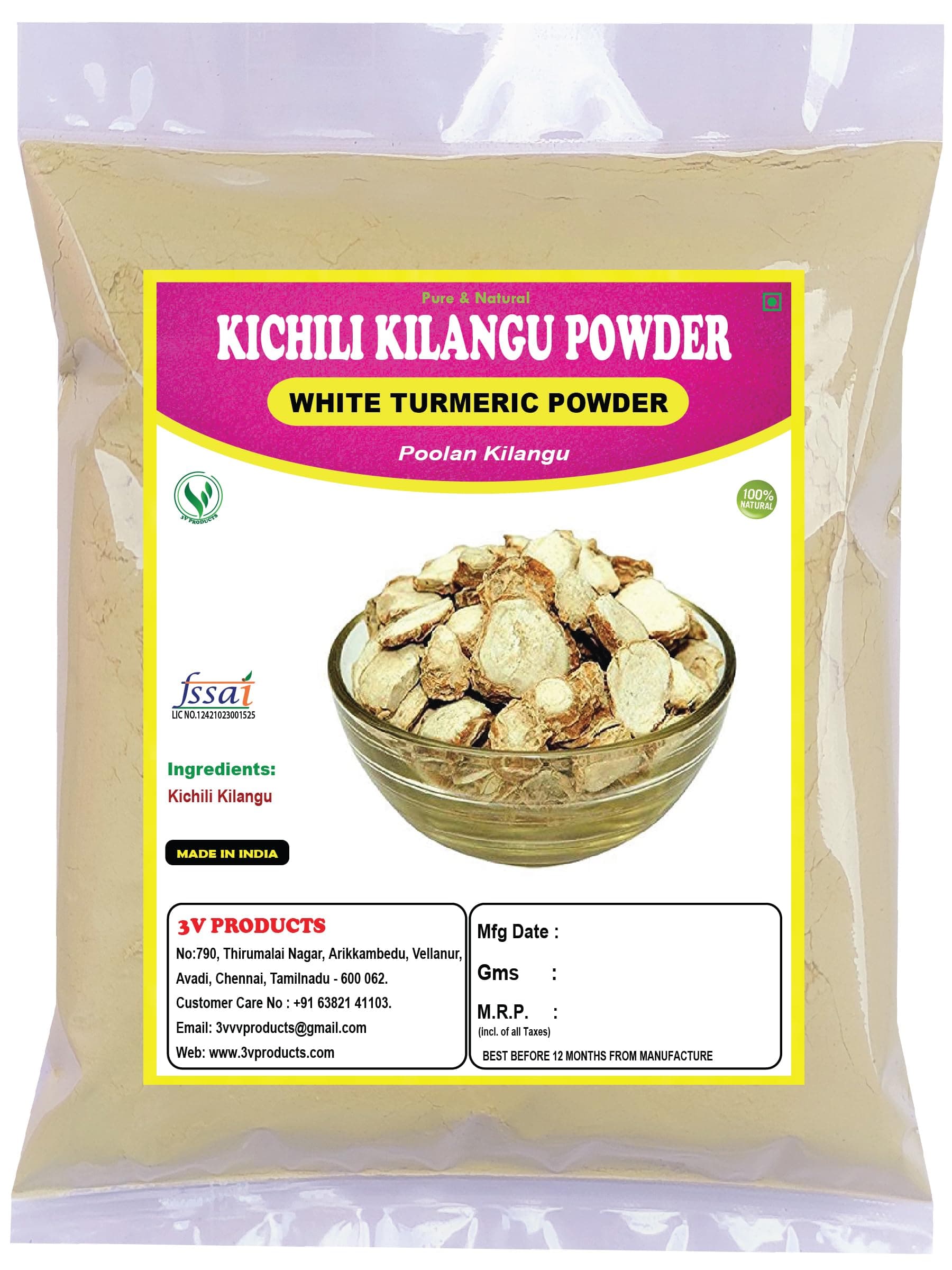 3V PRODUCTS Kichili Kilangu Powder 100g | White Turmeric | Poolan kilangu